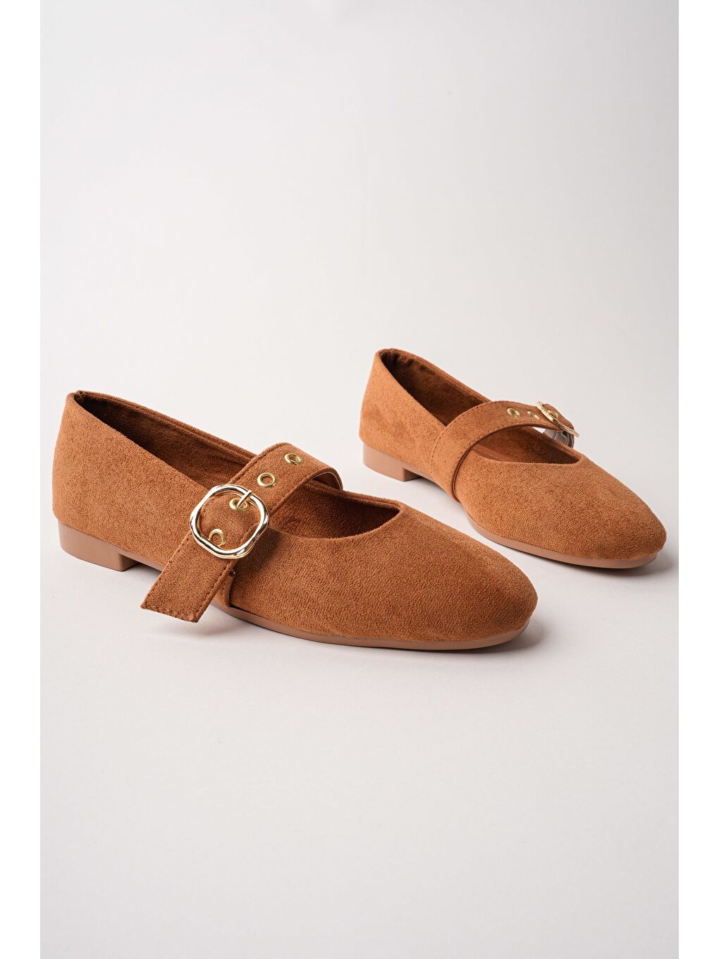 Kahverengi HALSEY Gold Tokalı Deri Kadın Babet Ayakkabı-1