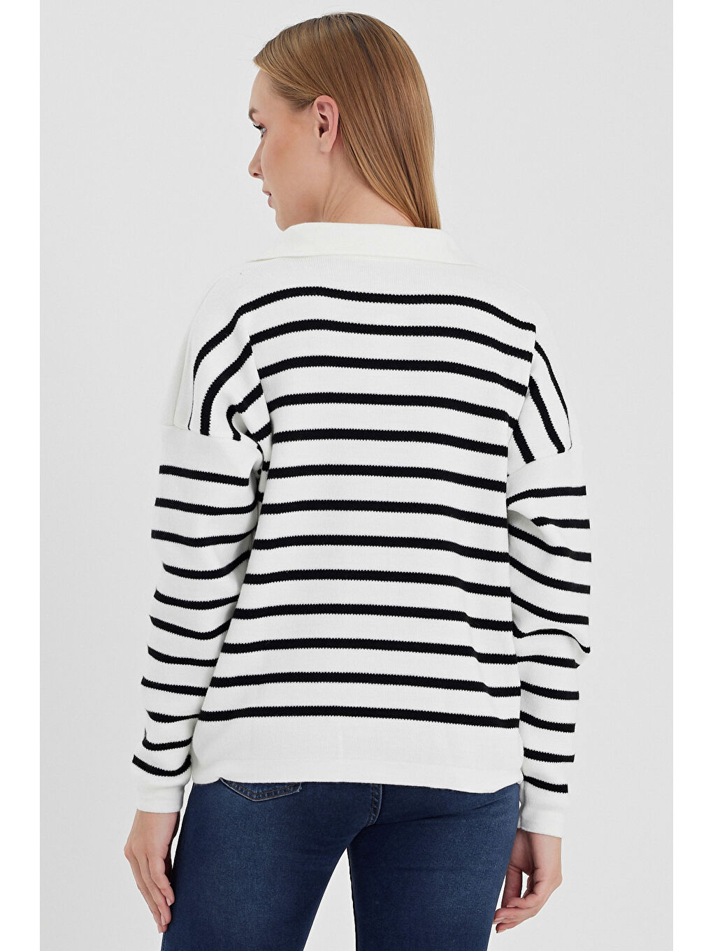 Ekru Gömlek Yaka Uzun Kol Çizgili Casual Uzun Triko Kazak 60 65-7