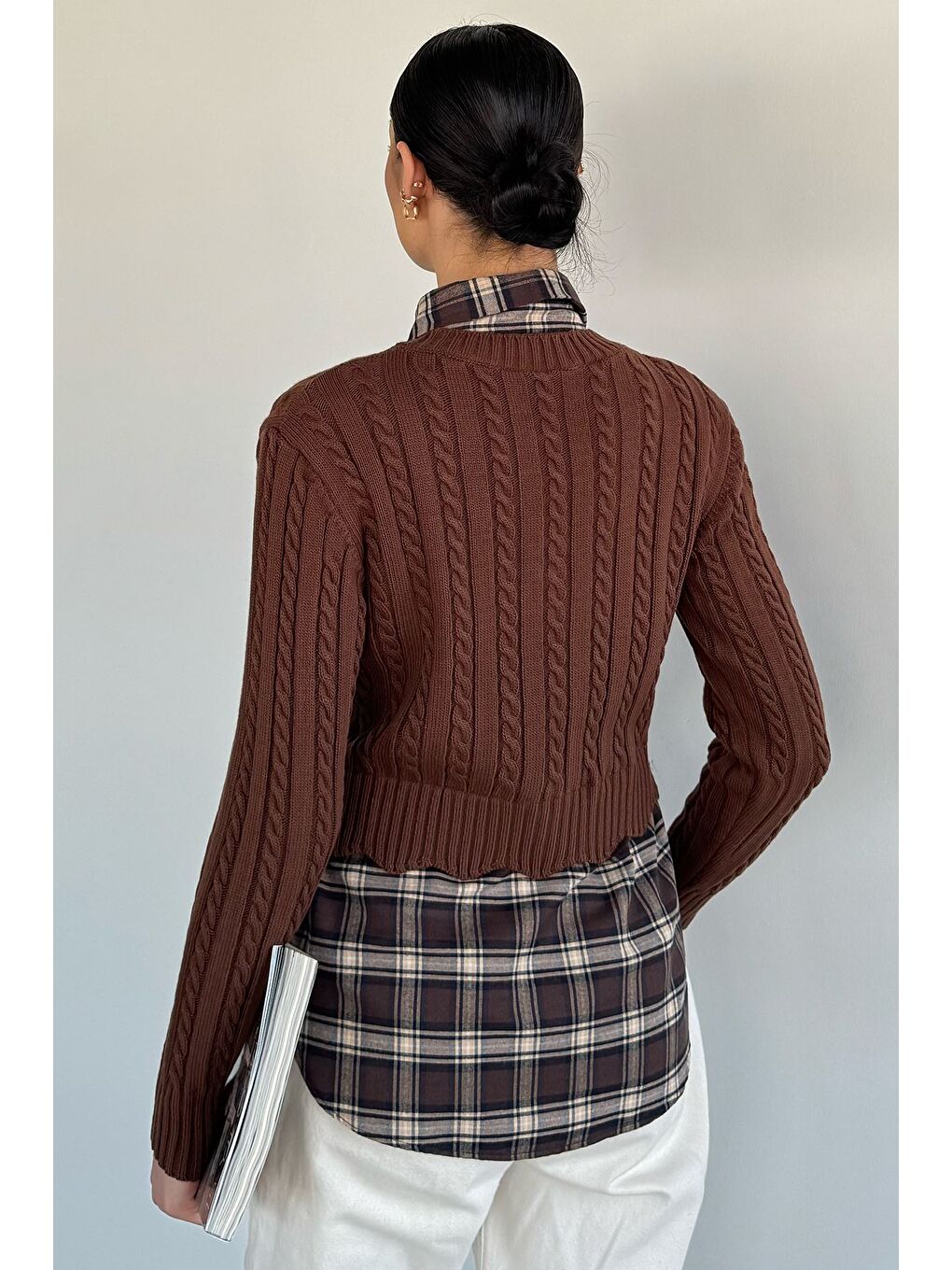 Kahverengi Kadın Gömlek Garnili Triko Bluz (s-m-l Beden Uyumludur.)-3