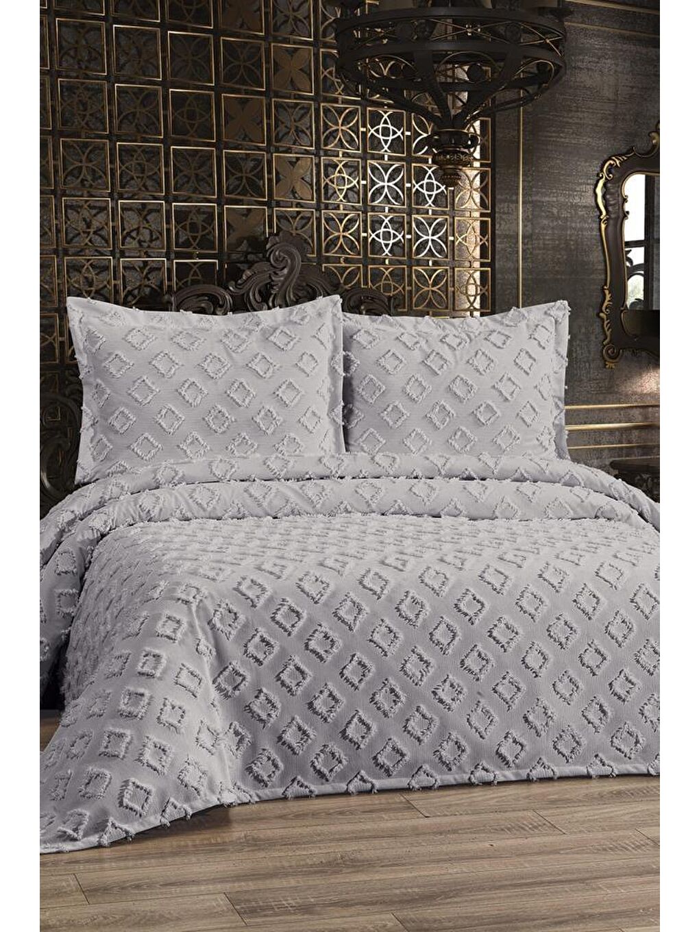 Karoks 3 Parça Çift Kişilik Pike Takımı Gri