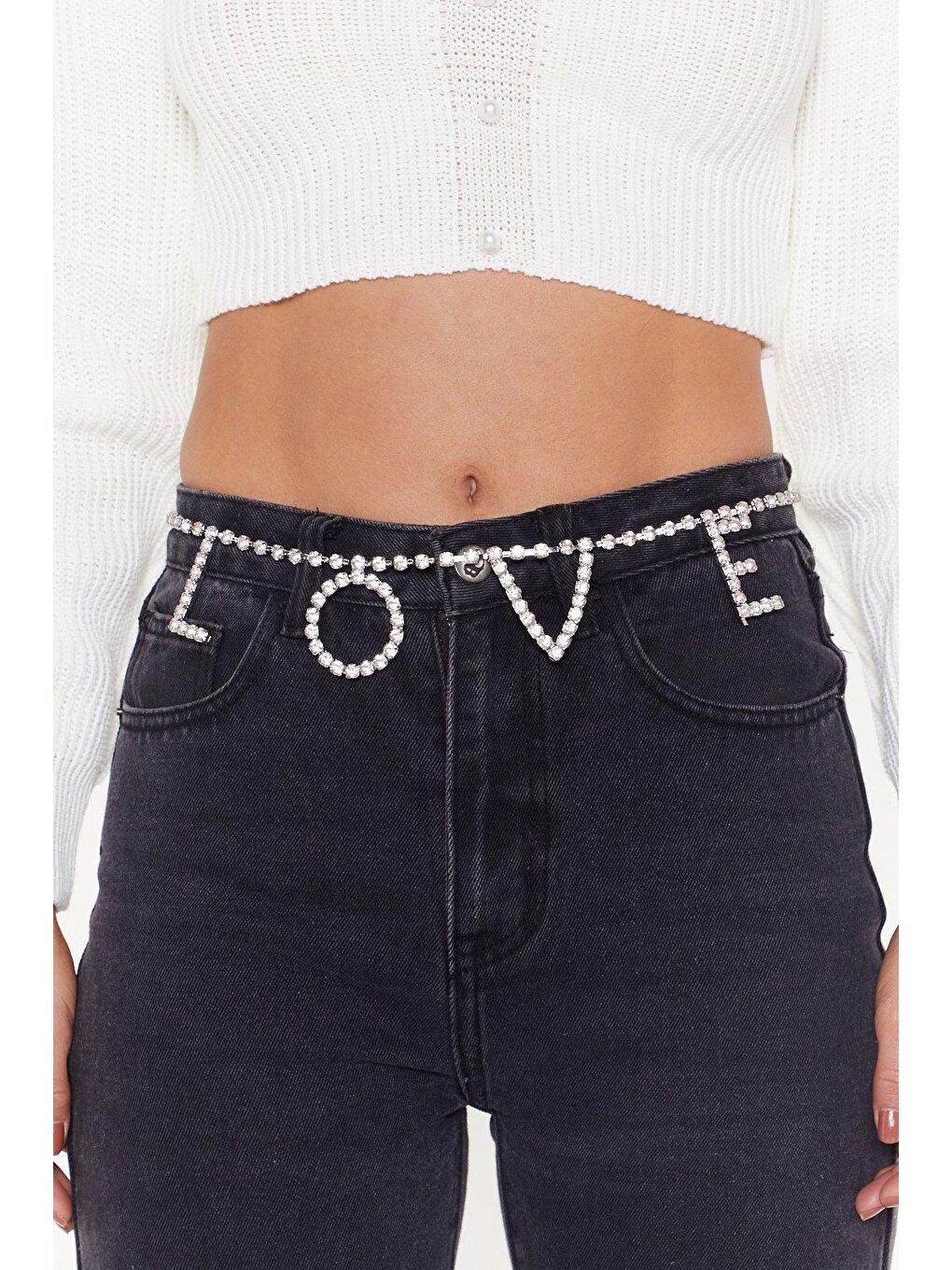 Gri Taşlı Harflerle Love Yazılı Çok Amaçlı Zincir Kolye Kemer