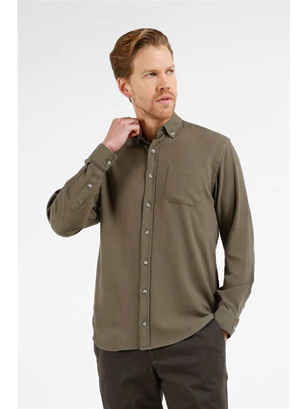 Haki Düğmeli Yaka Uzun Kol Cepli Slim Fit %100 Pamuk Gömlek 1004255213