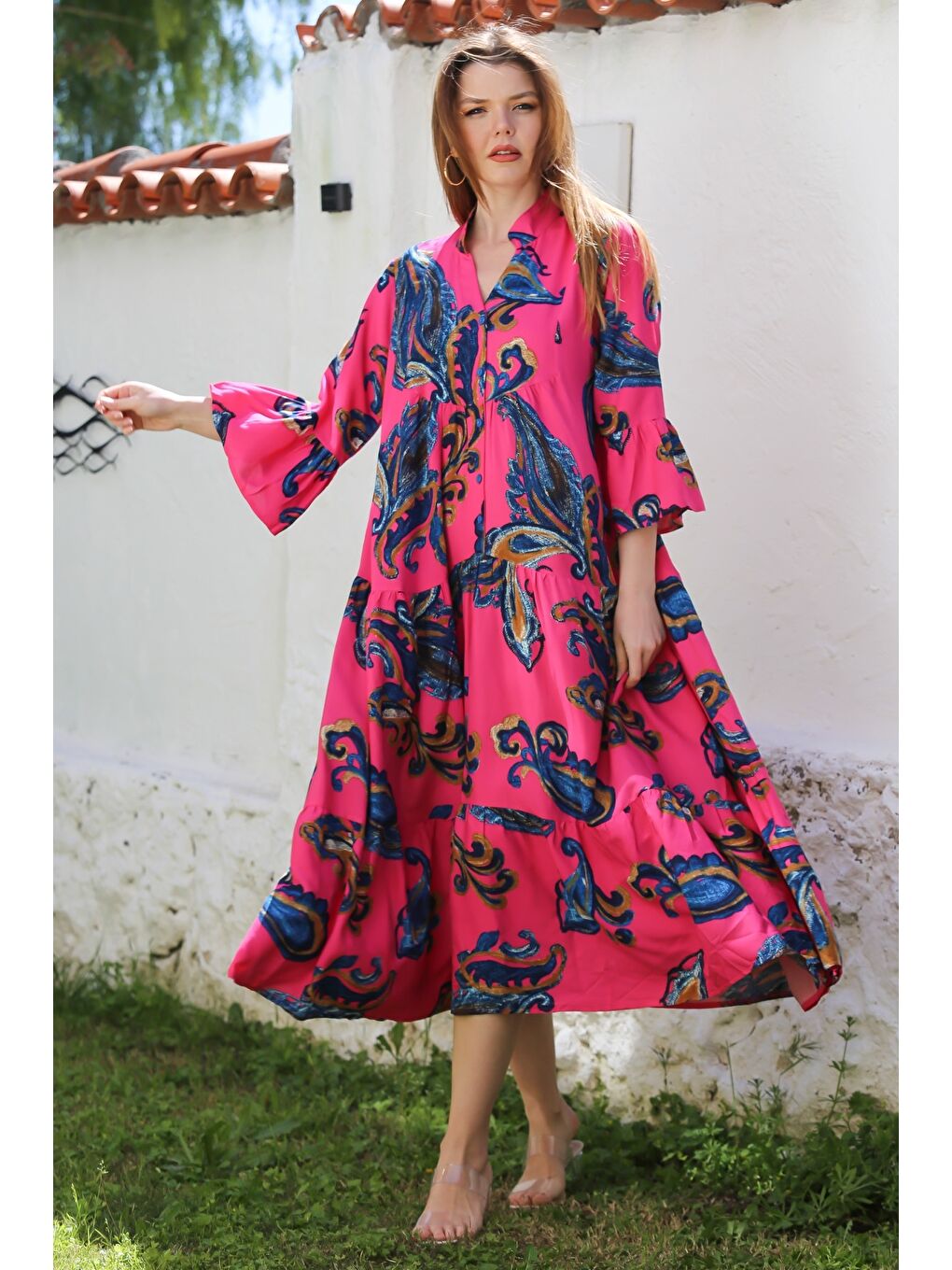 Fuşya V Yaka Fırfırlı Kol Şal Desenli Düğmeli Eteği Fırfırlı Casual Viskon Dokuma Elbise 135 60-1