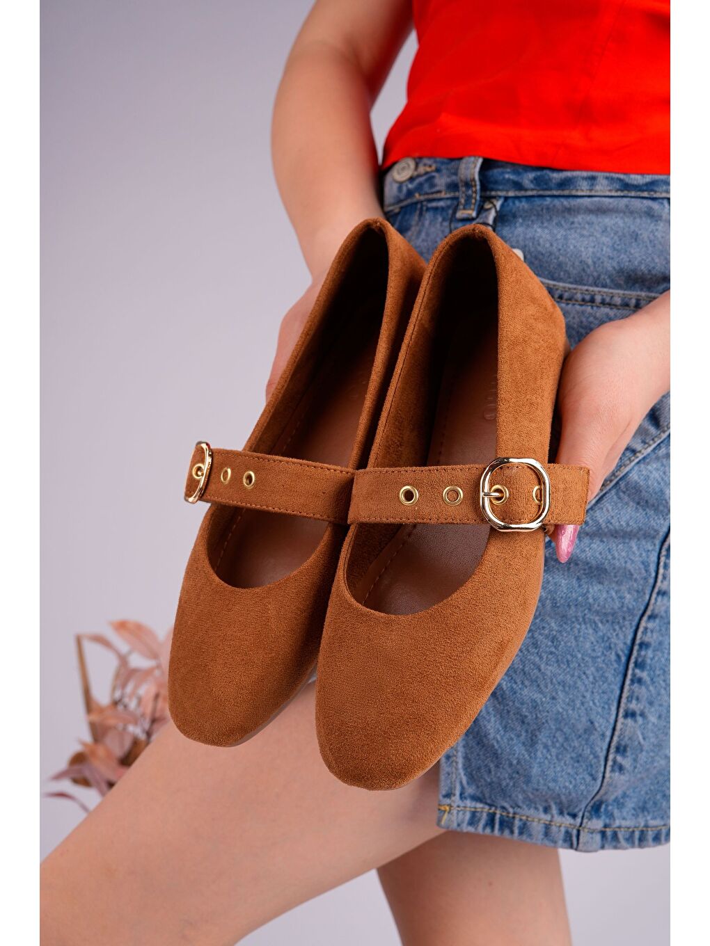 Kahverengi HALSEY Gold Tokalı Deri Kadın Babet Ayakkabı-4