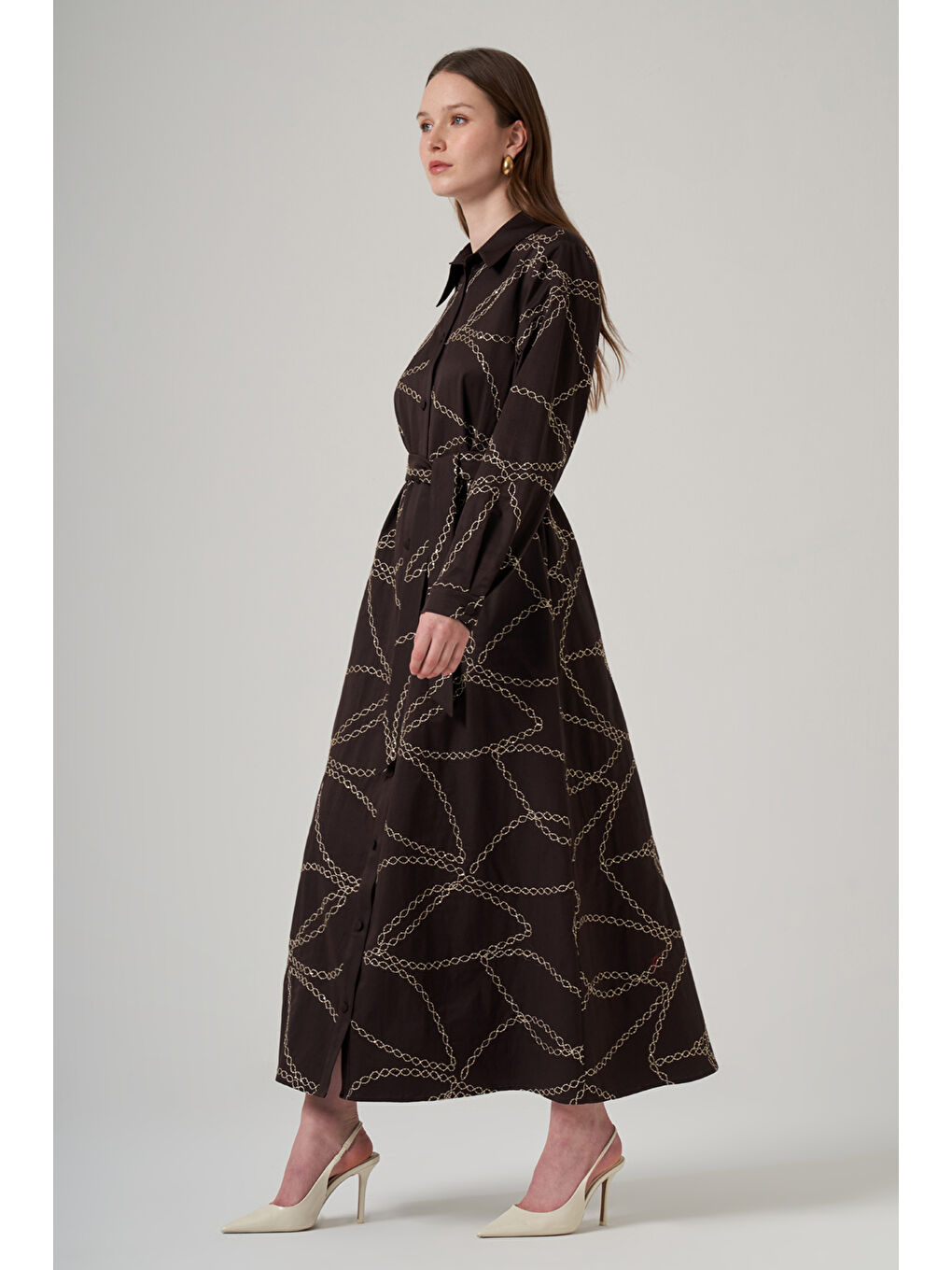 Önü Düğmeli Pul Detay Kuşaklı Elbise 2044 Kahverengi