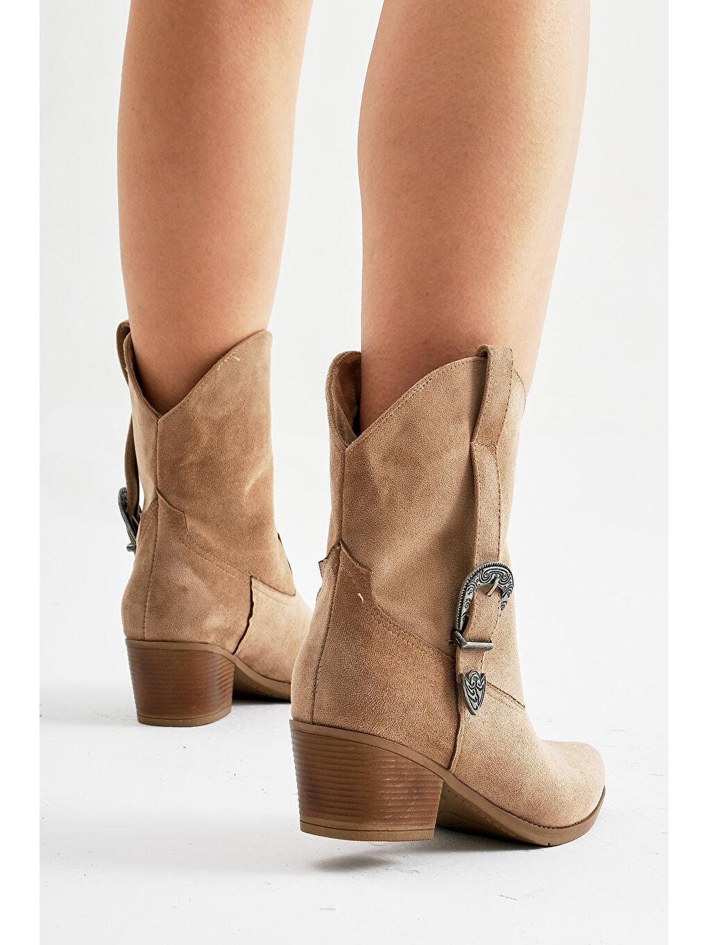 Kahverengi Kadın Vizon Süet Termo Taban Tokalı Sivri Burunlu Western Kovboy Bot-1