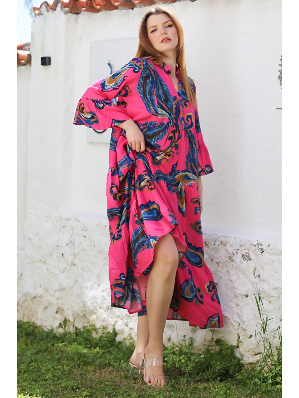 Fuşya V Yaka Fırfırlı Kol Şal Desenli Düğmeli Eteği Fırfırlı Casual Viskon Dokuma Elbise 135 60-4