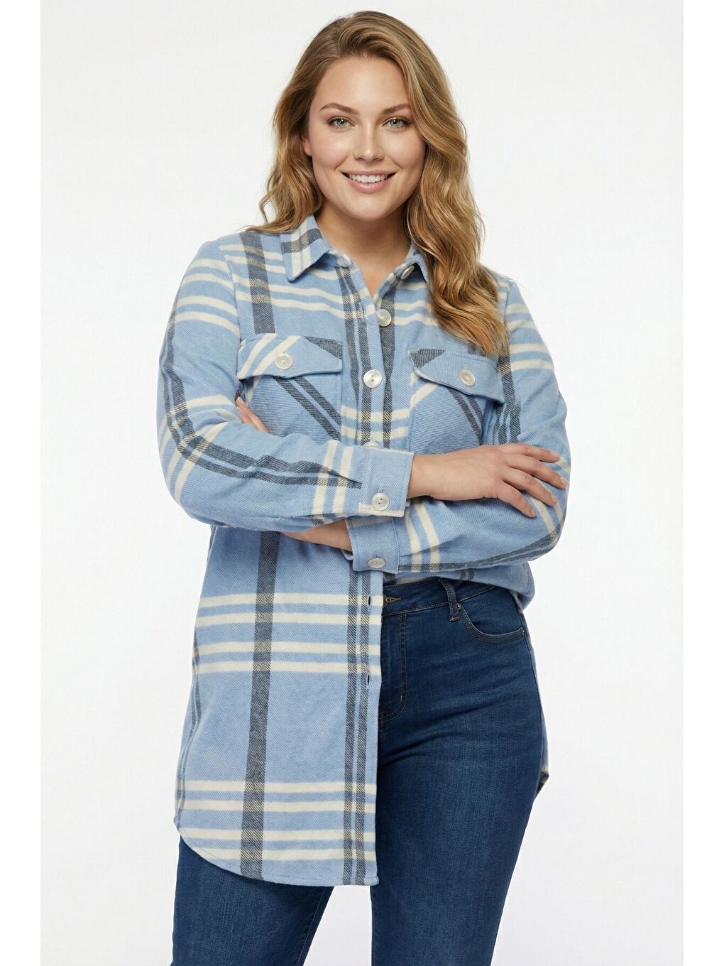 Büyük Beden Düğmeli Cepli Mavi Oduncu Gömlek 301379