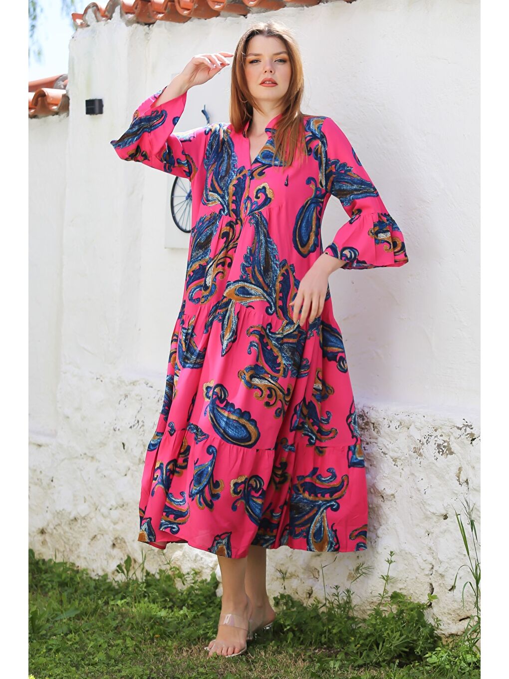 Fuşya V Yaka Fırfırlı Kol Şal Desenli Düğmeli Eteği Fırfırlı Casual Viskon Dokuma Elbise 135 60-5