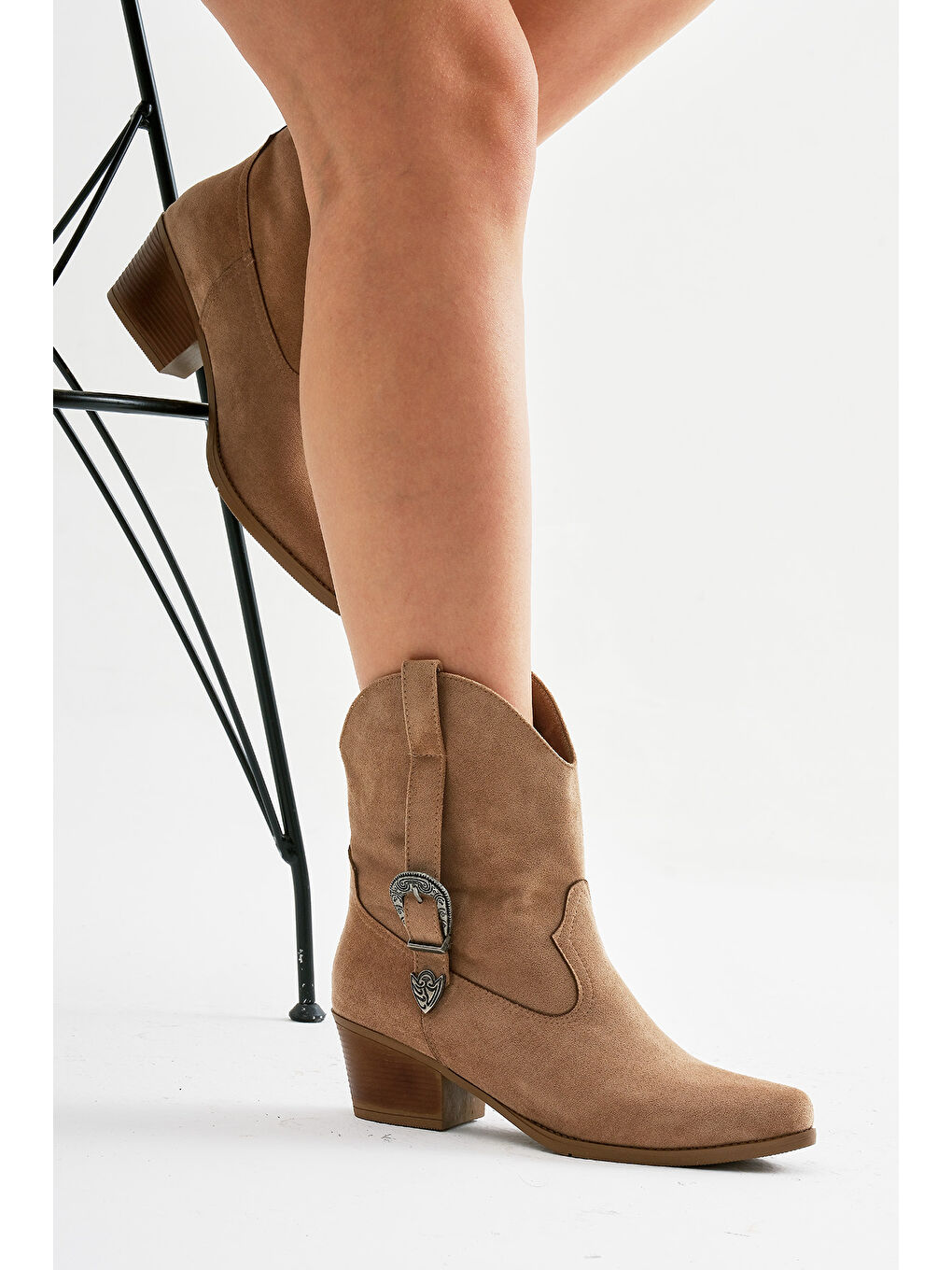 Kahverengi Kadın Vizon Süet Termo Taban Tokalı Sivri Burunlu Western Kovboy Bot-2