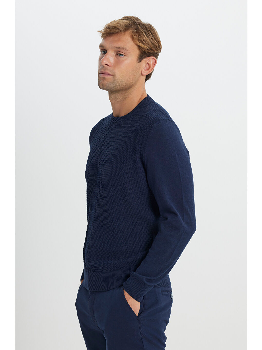 Erkek Lacivert Pamuklu Standart Fit Normal Kesim Bisiklet Yaka Jakarlı Triko Kazak-2