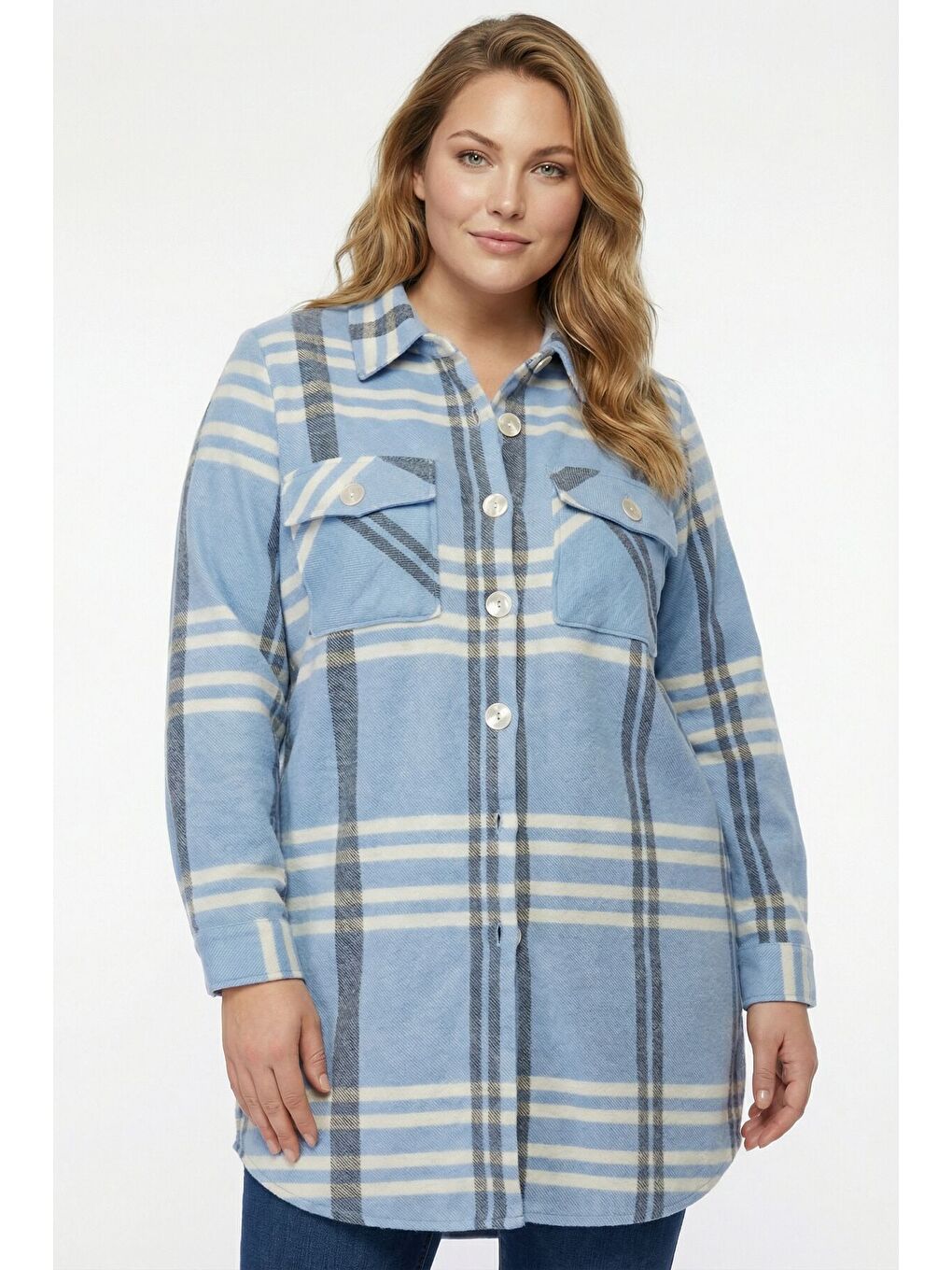 Büyük Beden Düğmeli Cepli Mavi Oduncu Gömlek 301379-1