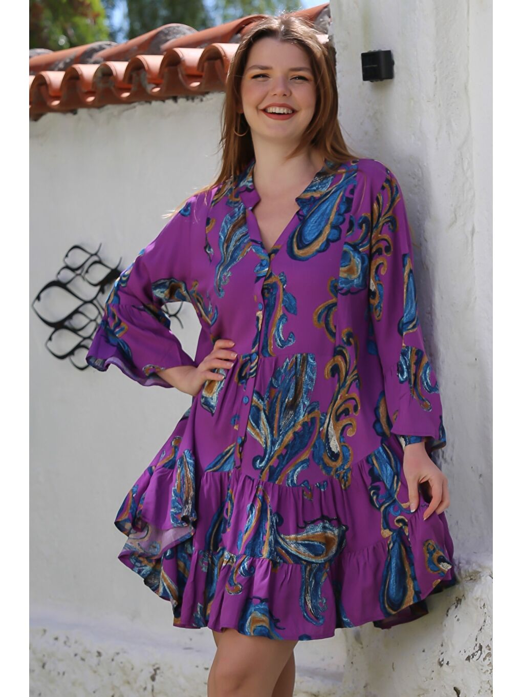 Mor V Yaka Fırfırlı Kol Şal Desenli Düğmeli Eteği Fırfırlı Casual Viskon Dokuma Elbise 95 60-1