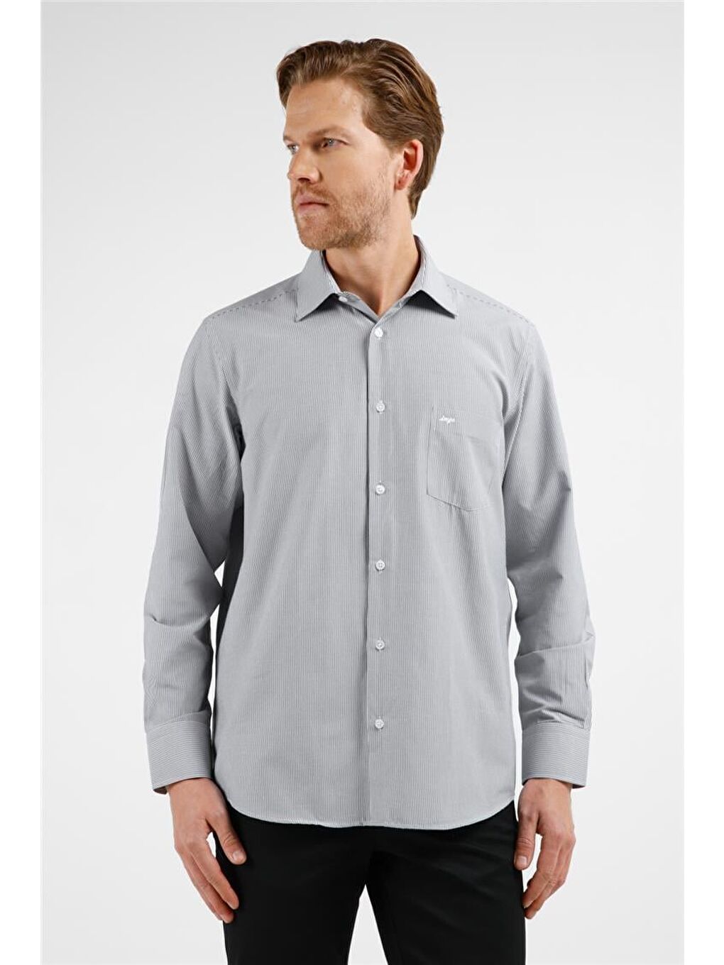 Siyah - Beyaz Çizgili Desen Sert Yaka Uzun Kol Cepli Comfort Fit Pamuklu Gömlek 1004255280