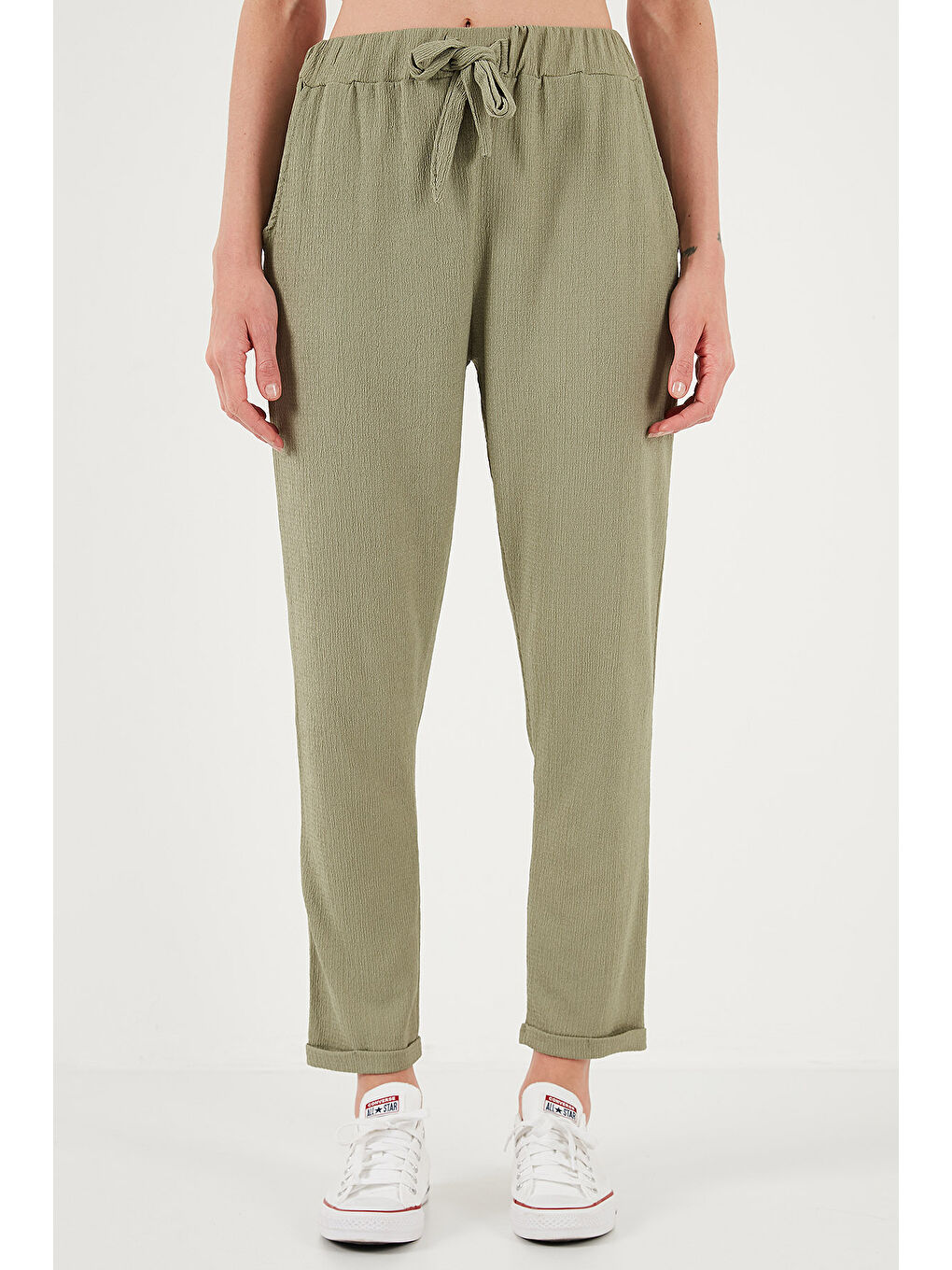 Yeşil Belden Bağlamalı Cepli Kısa Paça Dar Kesim Pantolon 5869017-4