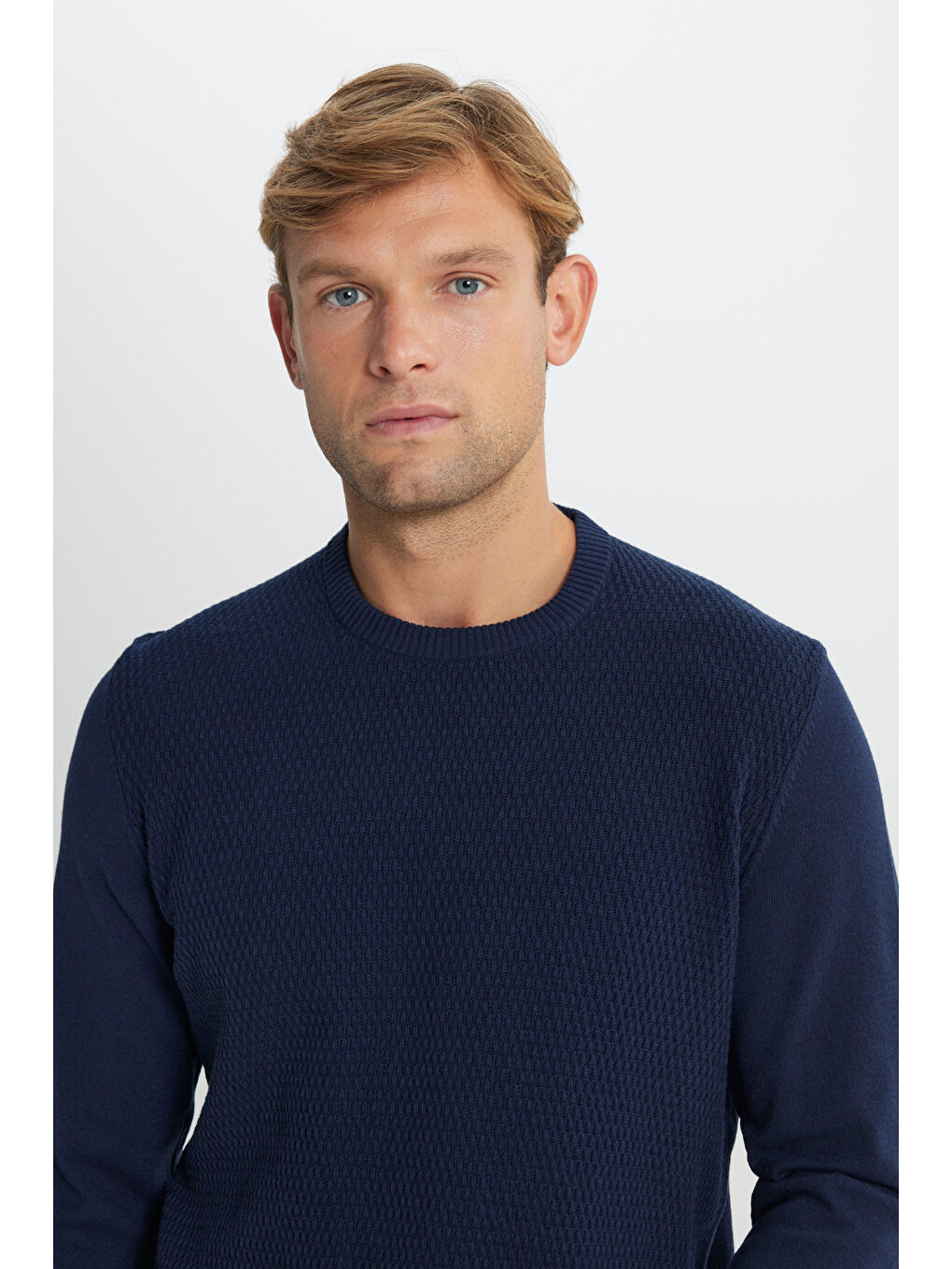 Erkek Lacivert Pamuklu Standart Fit Normal Kesim Bisiklet Yaka Jakarlı Triko Kazak-4