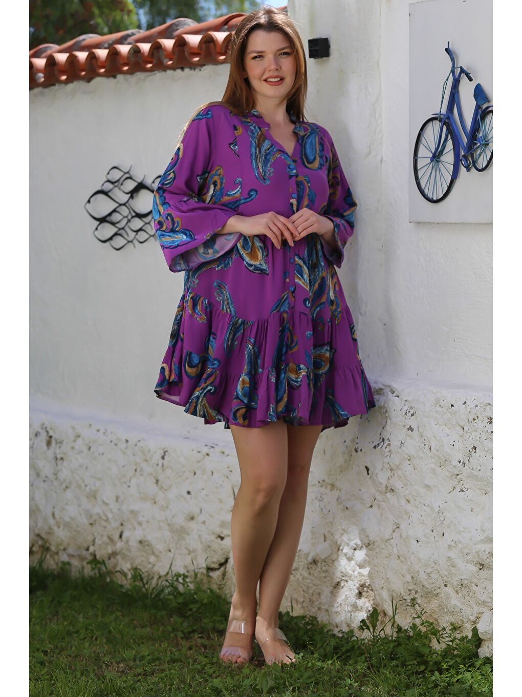 Mor V Yaka Fırfırlı Kol Şal Desenli Düğmeli Eteği Fırfırlı Casual Viskon Dokuma Elbise 95 60-2