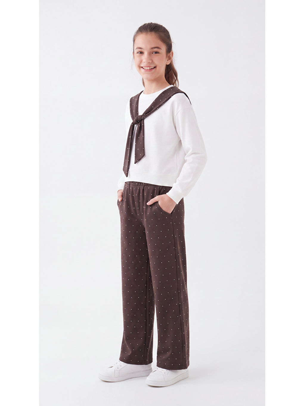 Kahverengi Üst Sweat Fularlı Alt Tüm Alan Baskılı Yumaşak Dokulu-comfort Kumaş Kız Çocuk Alt Üst Eşofman Takımı-3