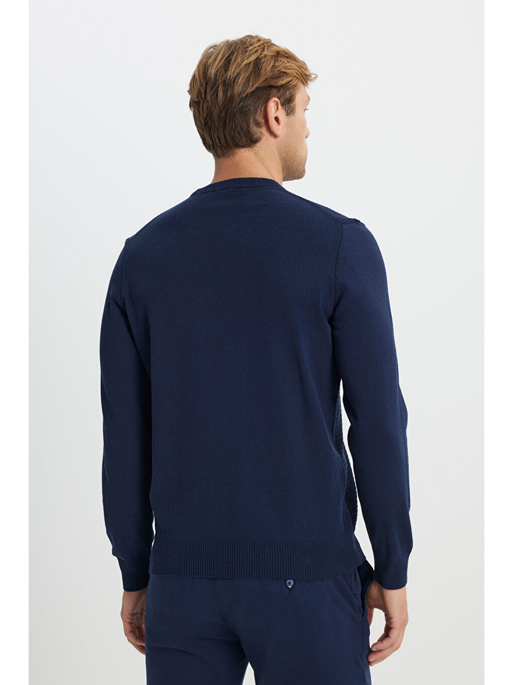 Erkek Lacivert Pamuklu Standart Fit Normal Kesim Bisiklet Yaka Jakarlı Triko Kazak-5