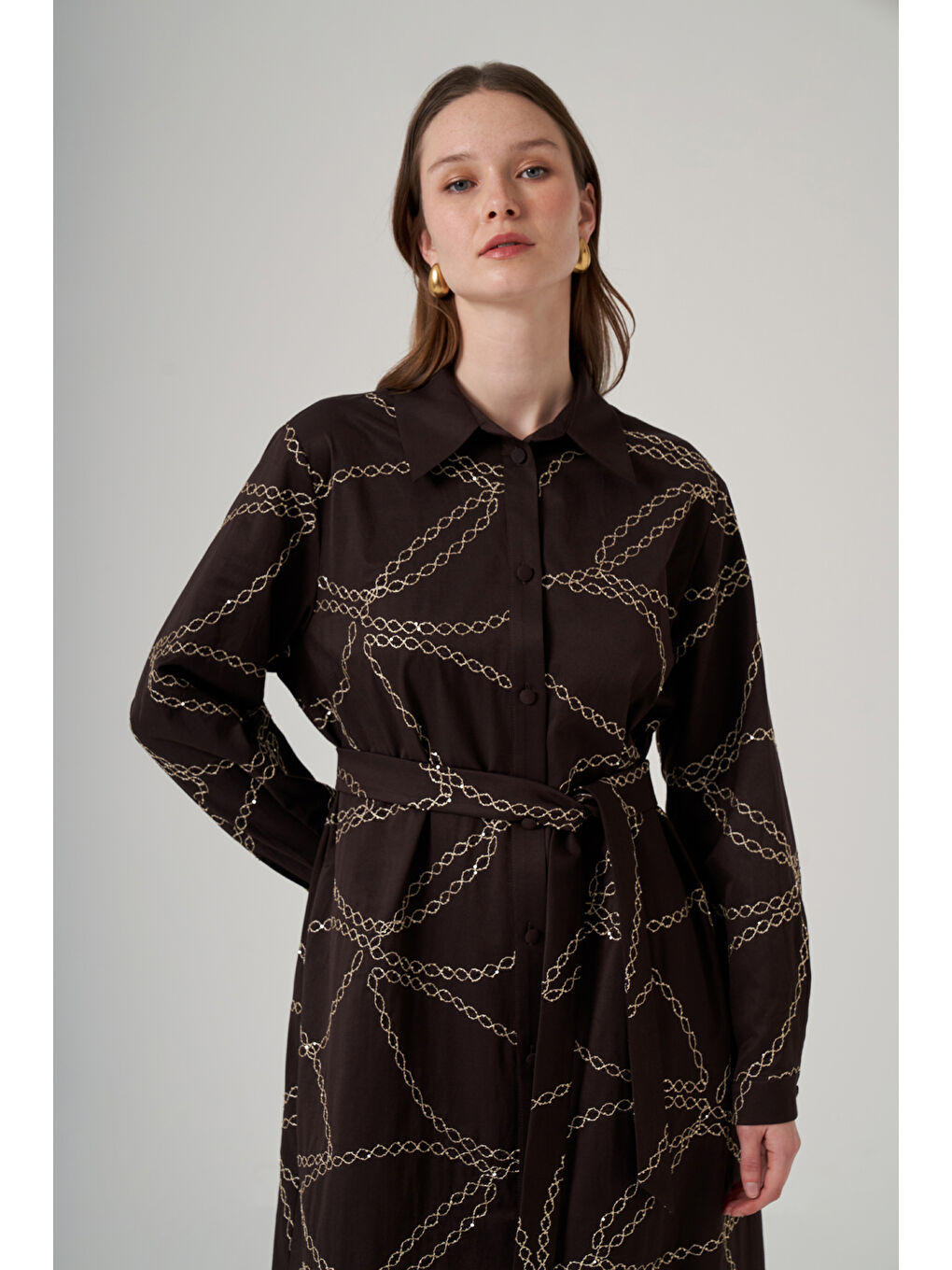 Önü Düğmeli Pul Detay Kuşaklı Elbise 2044 Kahverengi-1