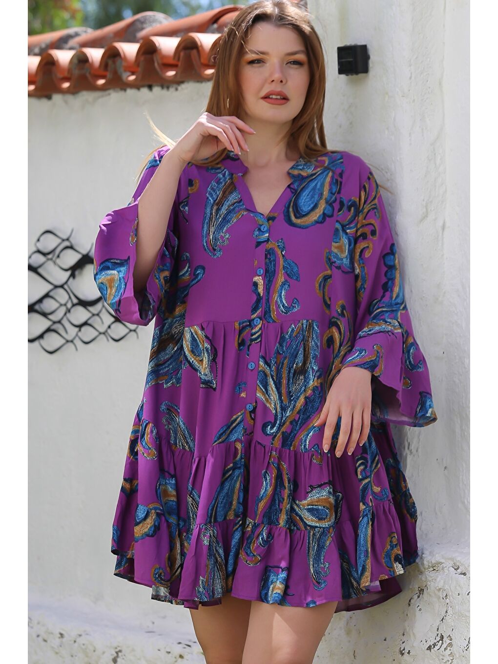 Mor V Yaka Fırfırlı Kol Şal Desenli Düğmeli Eteği Fırfırlı Casual Viskon Dokuma Elbise 95 60-4