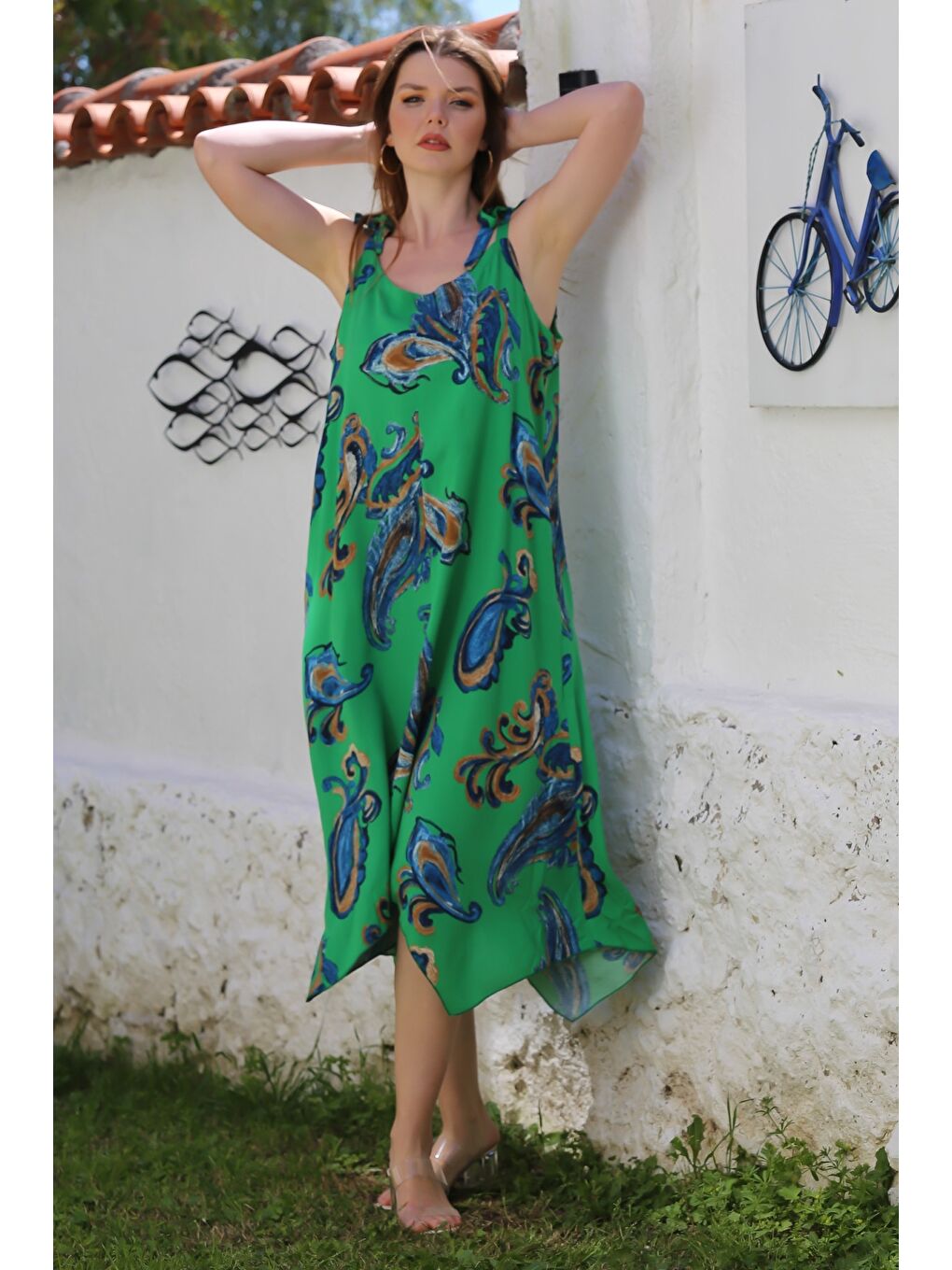 Yeşil Yakasız Askılı Şal Desenli Gizli Cepli Casual Viskon Dokuma Elbise 125 58-2