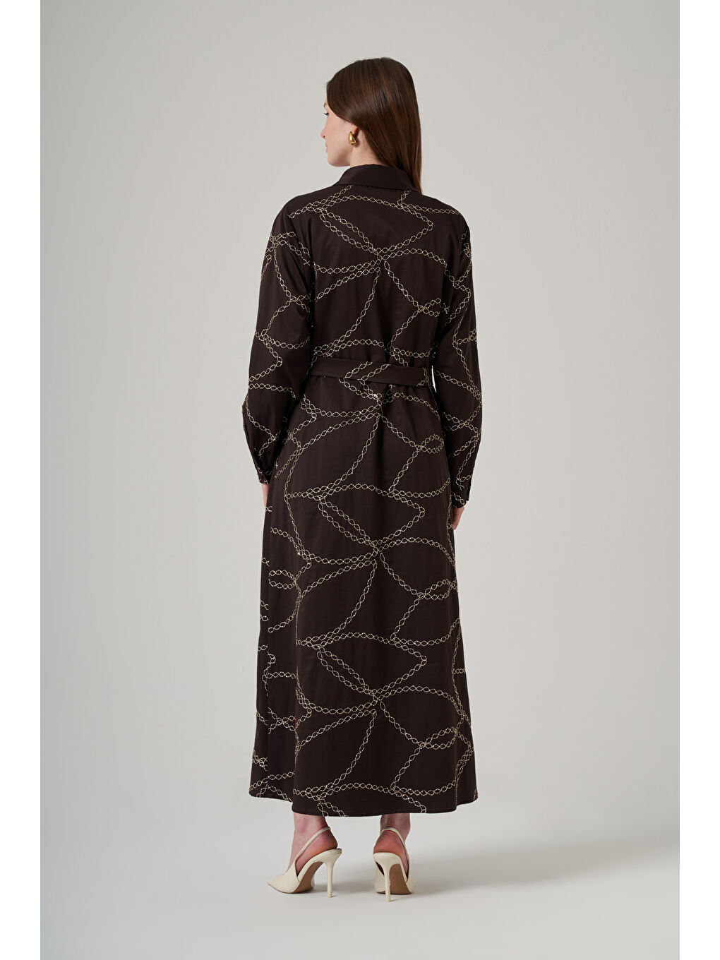 Önü Düğmeli Pul Detay Kuşaklı Elbise 2044 Kahverengi-2