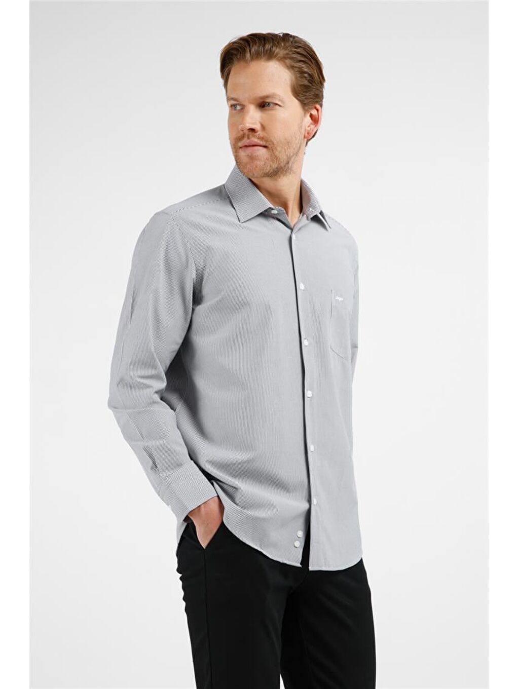 Siyah - Beyaz Çizgili Desen Sert Yaka Uzun Kol Cepli Comfort Fit Pamuklu Gömlek 1004255280-2