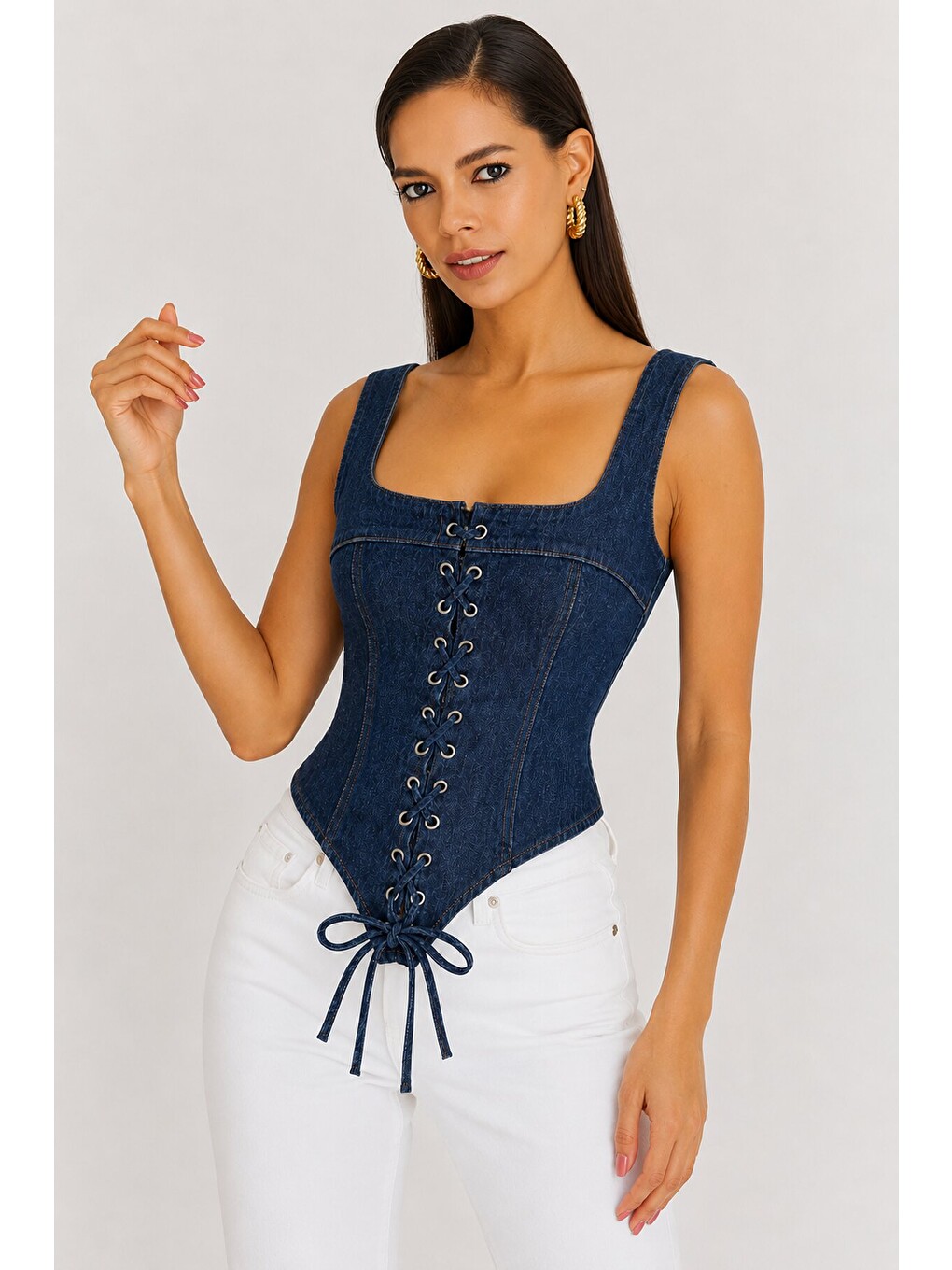 Retro Denim Bağcıklı Korse – Lacivert-1