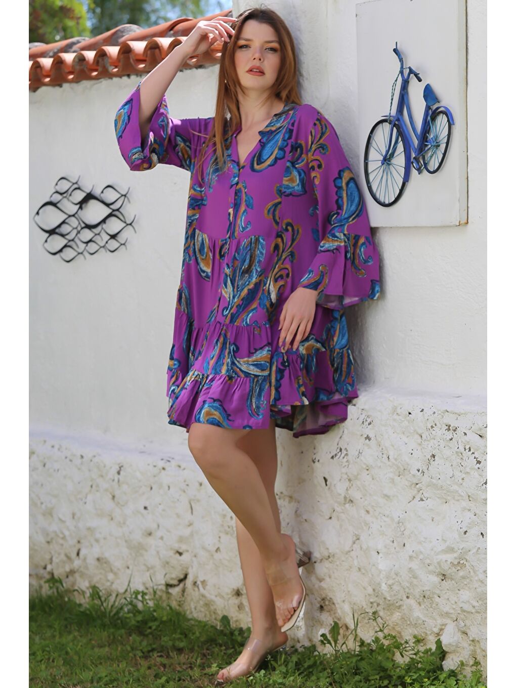 Mor V Yaka Fırfırlı Kol Şal Desenli Düğmeli Eteği Fırfırlı Casual Viskon Dokuma Elbise 95 60-6