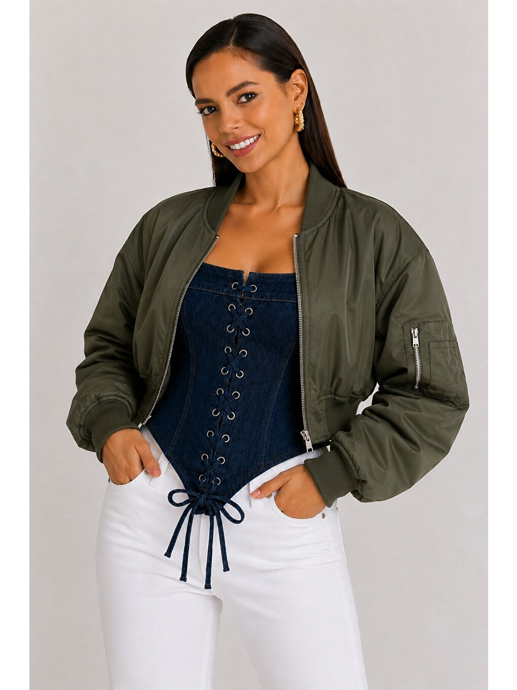 Retro Denim Bağcıklı Korse – Lacivert-2
