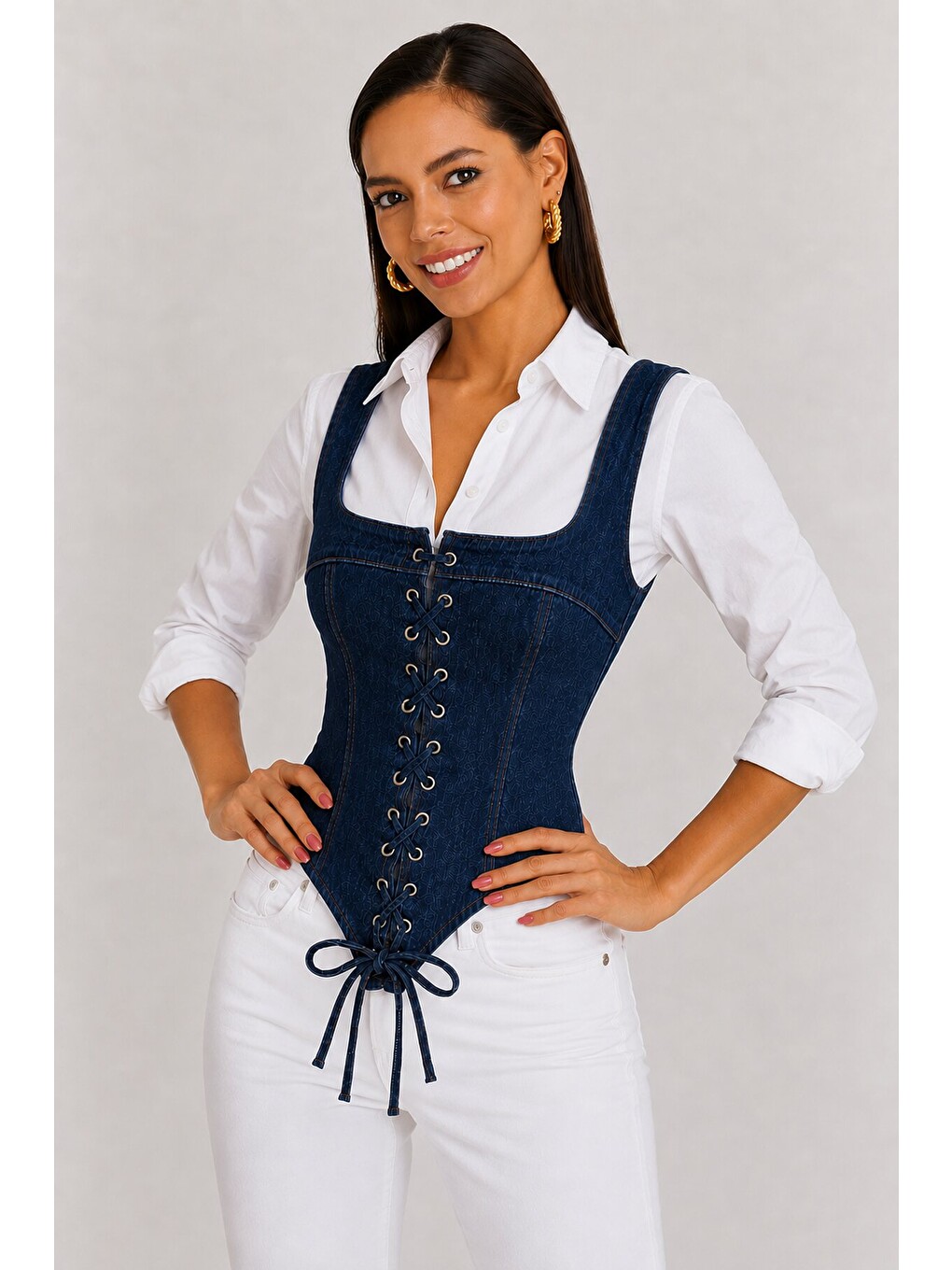 Retro Denim Bağcıklı Korse – Lacivert-3