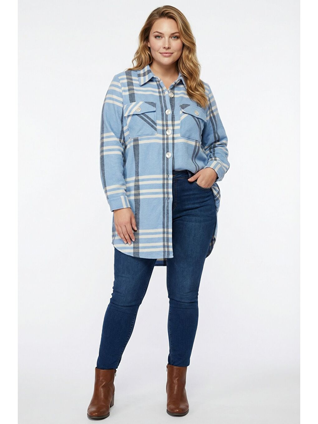 Büyük Beden Düğmeli Cepli Mavi Oduncu Gömlek 301379-3