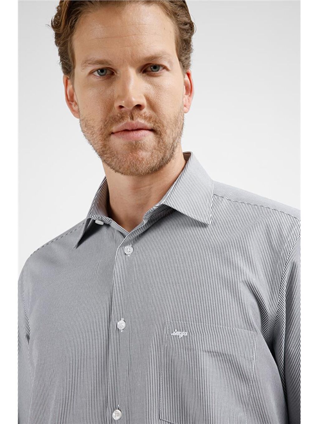 Siyah - Beyaz Çizgili Desen Sert Yaka Uzun Kol Cepli Comfort Fit Pamuklu Gömlek 1004255280-3