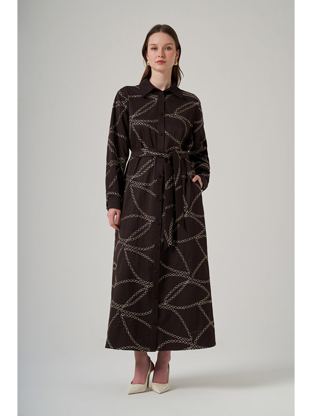 Önü Düğmeli Pul Detay Kuşaklı Elbise 2044 Kahverengi-3