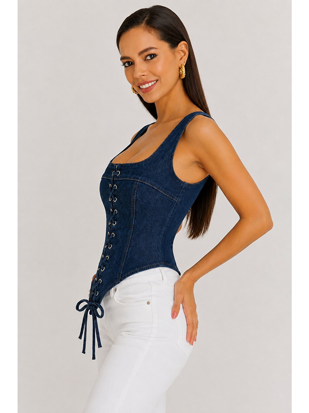 Retro Denim Bağcıklı Korse – Lacivert-4