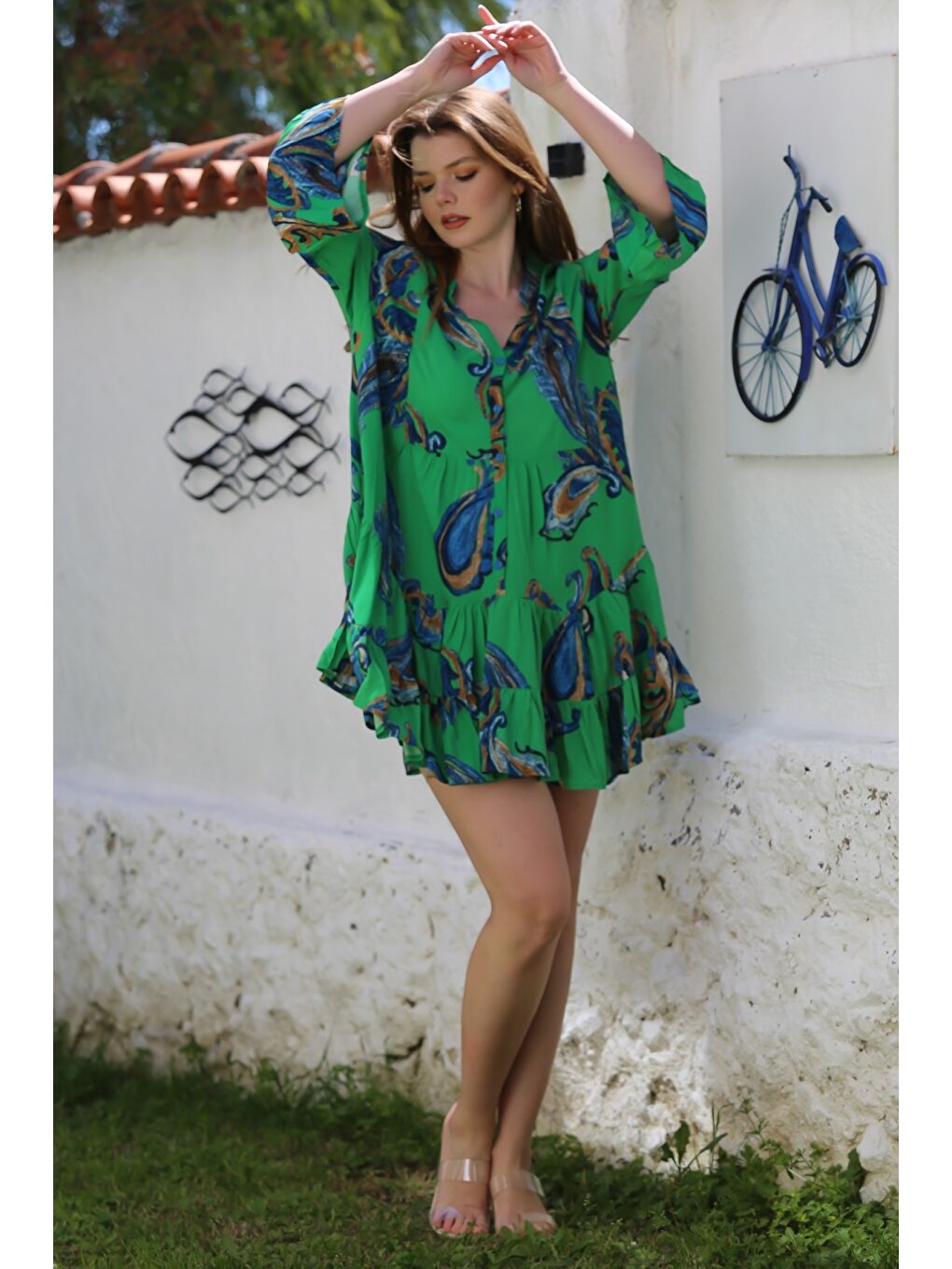 Yeşil V Yaka Fırfırlı Kol Şal Desenli Düğmeli Eteği Fırfırlı Casual Viskon Dokuma Elbise 95 60-5