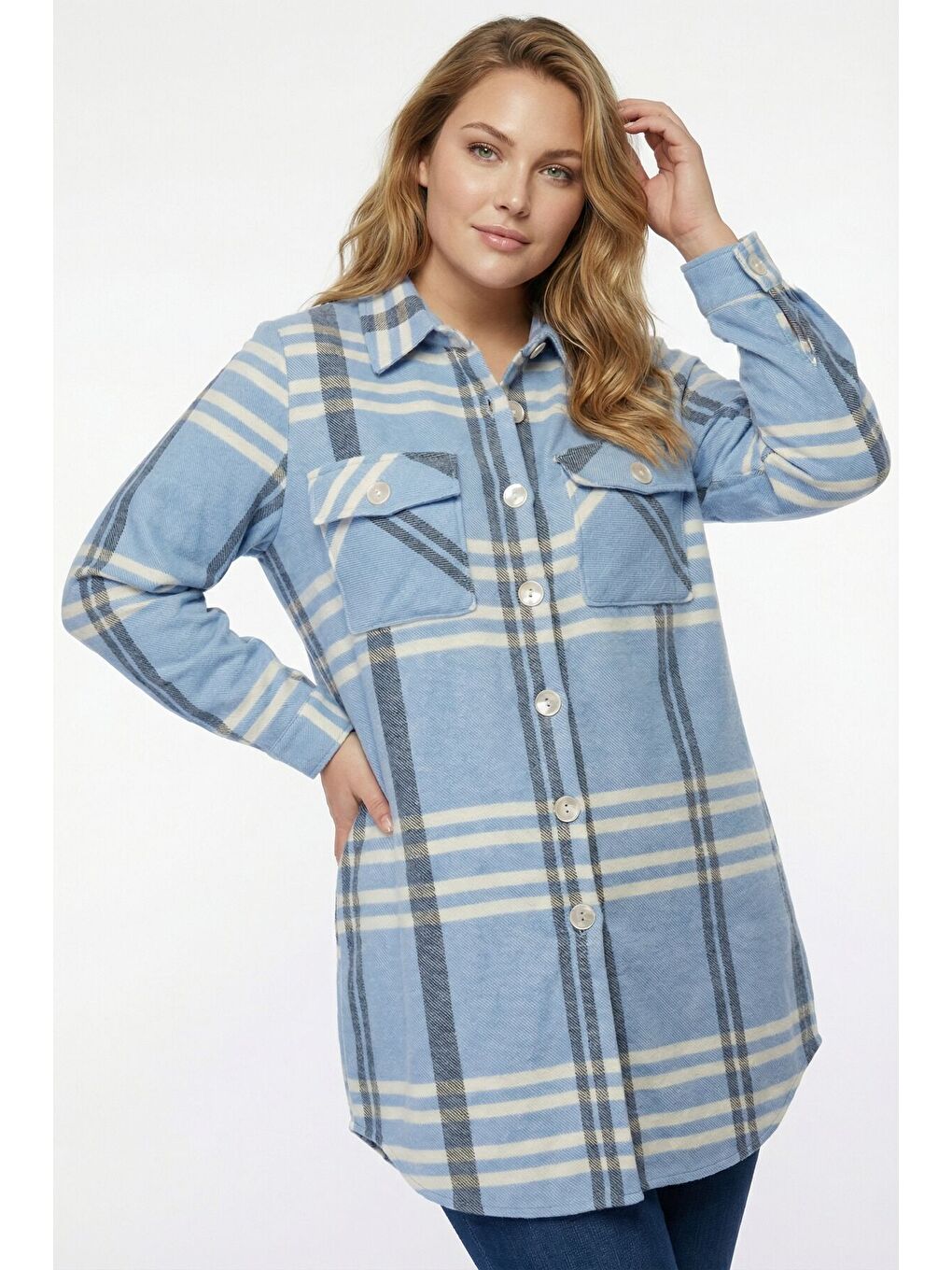 Büyük Beden Düğmeli Cepli Mavi Oduncu Gömlek 301379-4