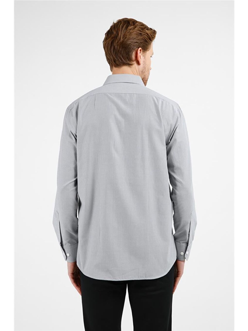 Siyah - Beyaz Çizgili Desen Sert Yaka Uzun Kol Cepli Comfort Fit Pamuklu Gömlek 1004255280-4