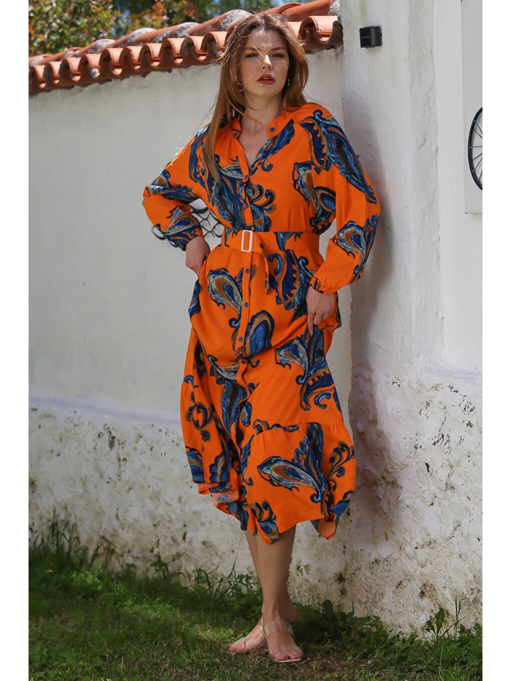 Turuncu Hakim Yaka Balon Kol Şal Desenli Düğmeli Eteği Fırfırlı Kemerli Casual Dokuma Elbise 145 65-1