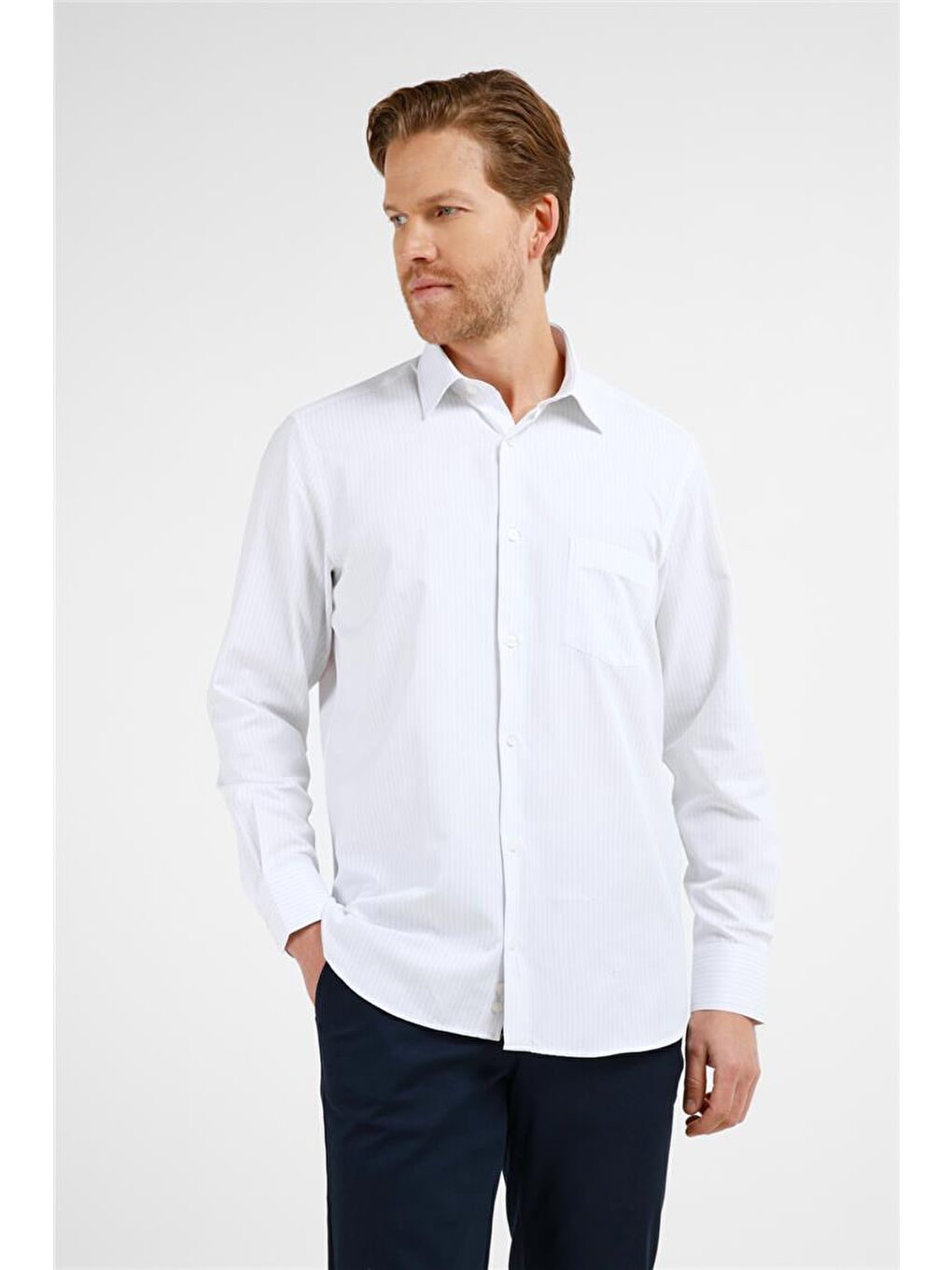 Beyaz - Lila Çizgili Desen Sert Yaka Uzun Kol Cepli Comfort Fit Pamuklu Gömlek 1004255274