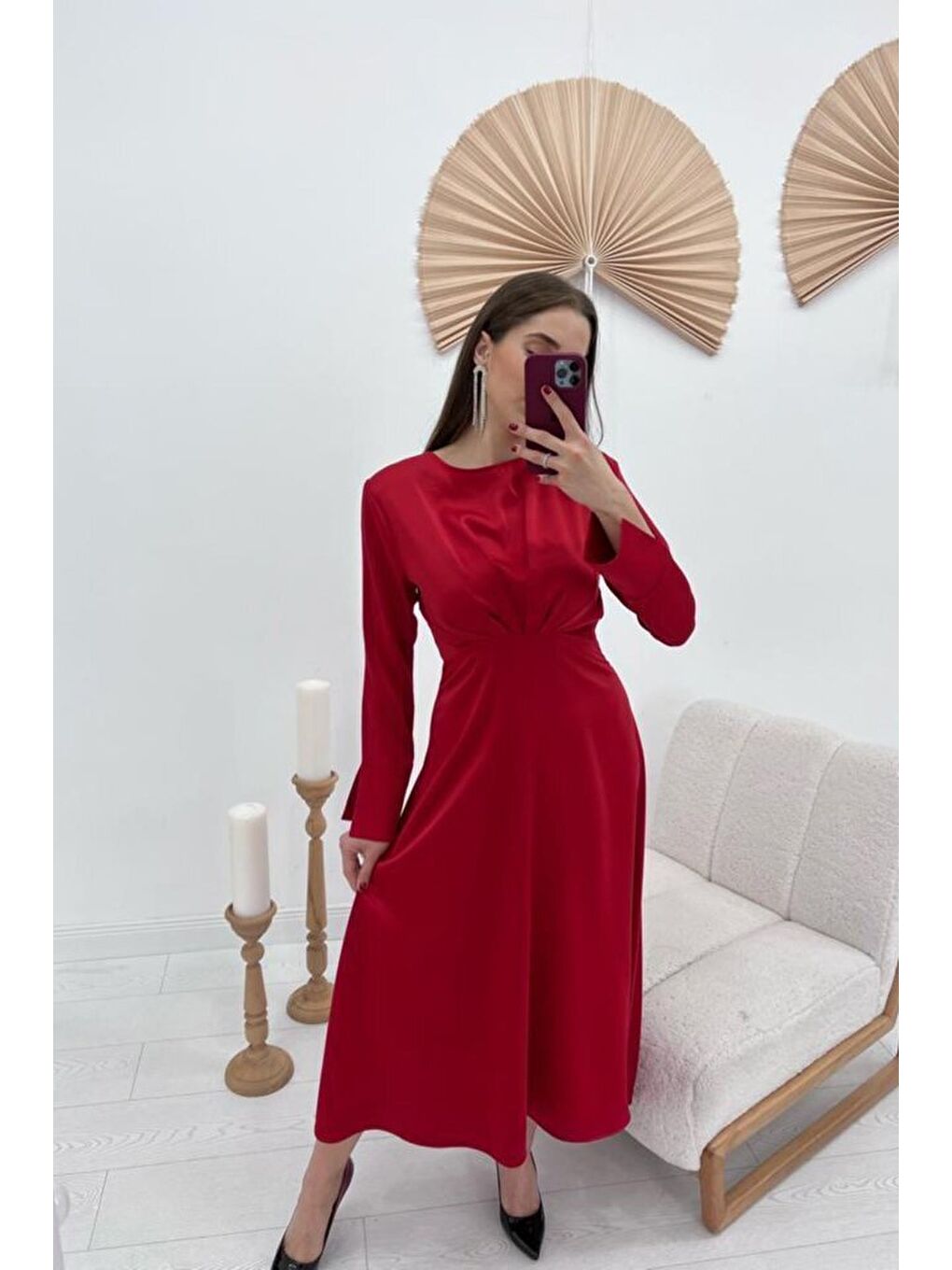Kırmızı Saten Uzun Elbise-1