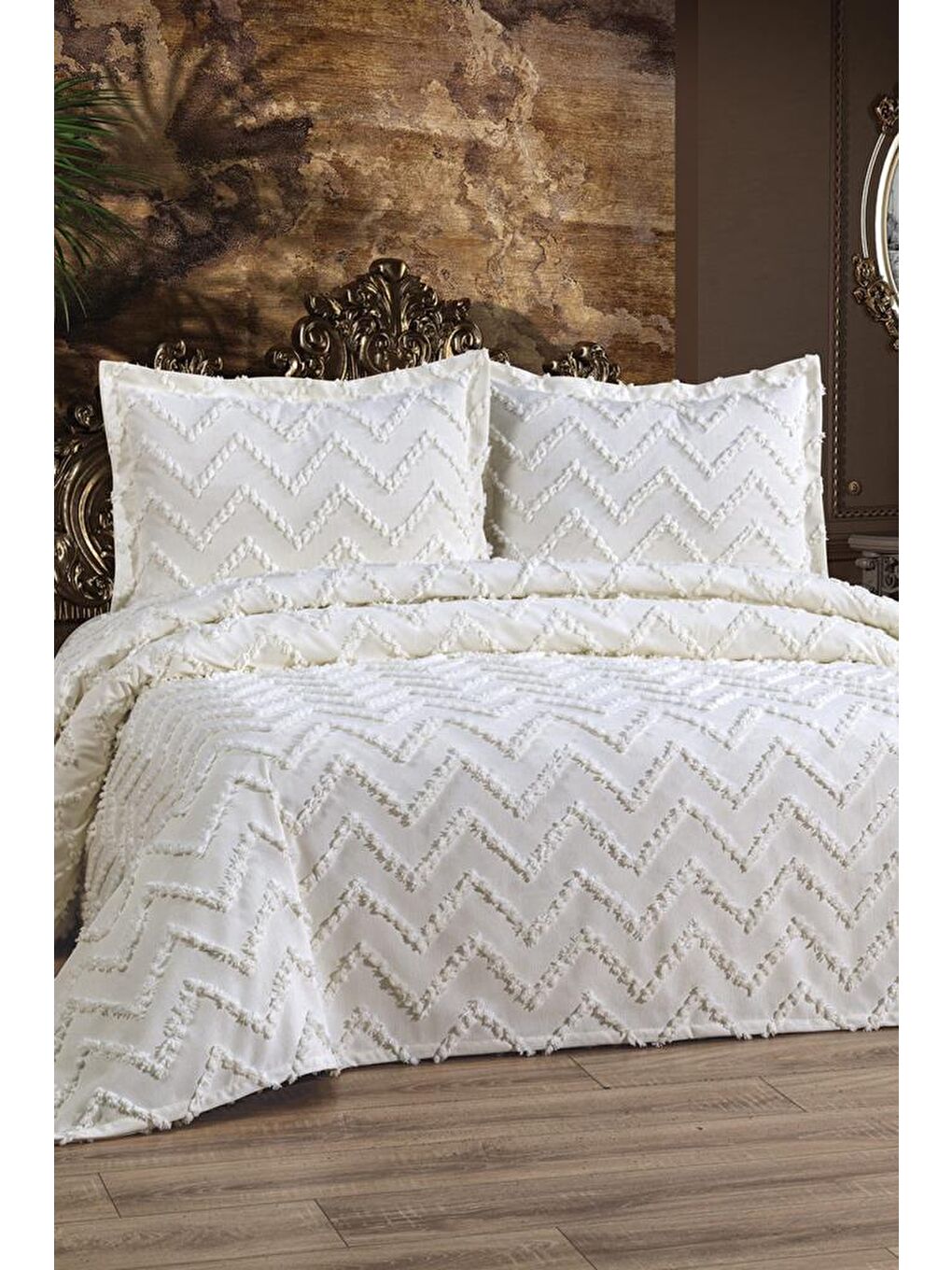 Ekru Zigoks 3 Parça Çift Kişilik Pike Takımı Krem