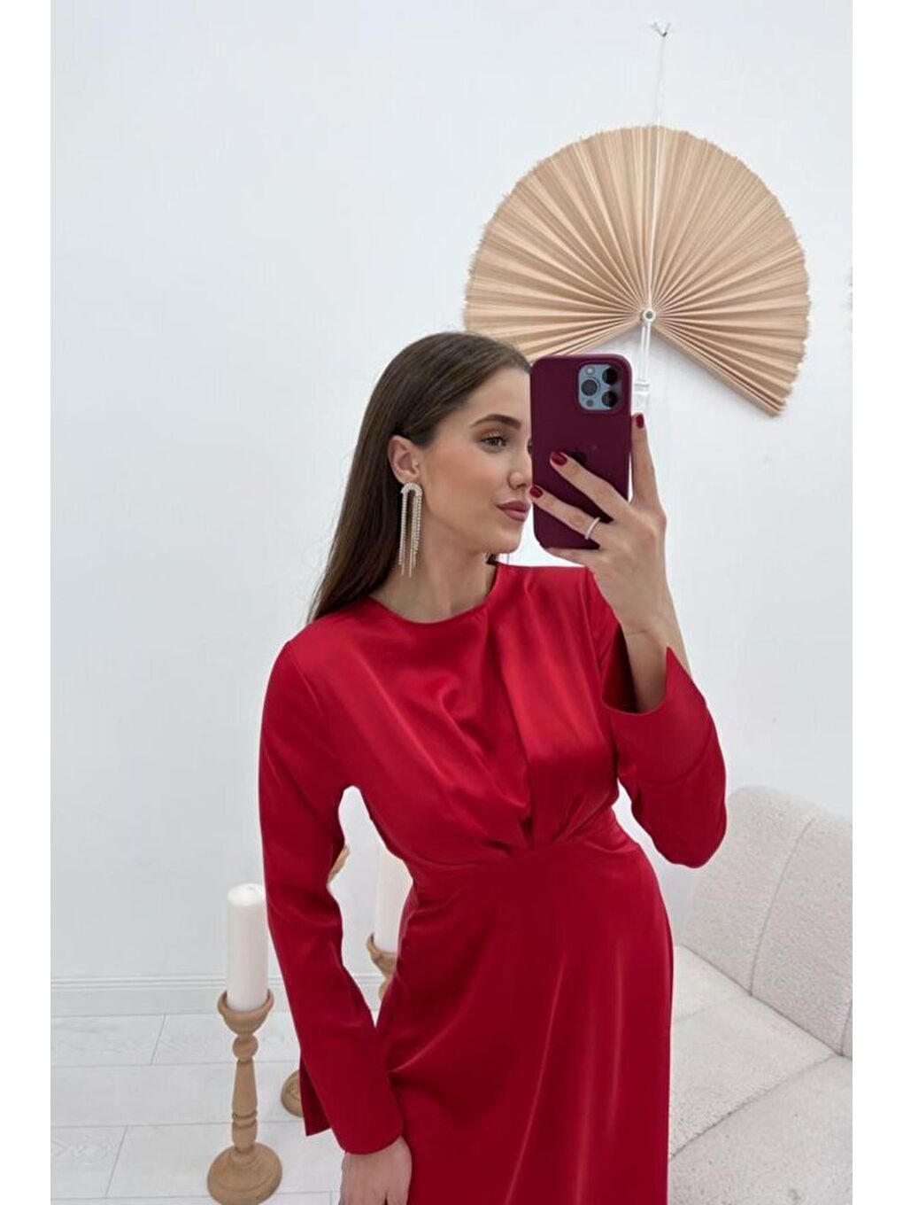 Kırmızı Saten Uzun Elbise-2