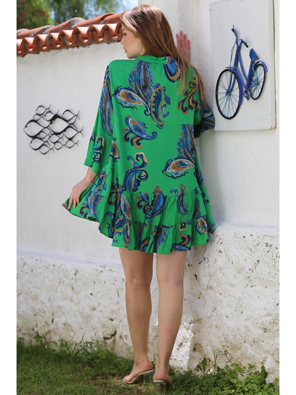 Yeşil V Yaka Fırfırlı Kol Şal Desenli Düğmeli Eteği Fırfırlı Casual Viskon Dokuma Elbise 95 60-7