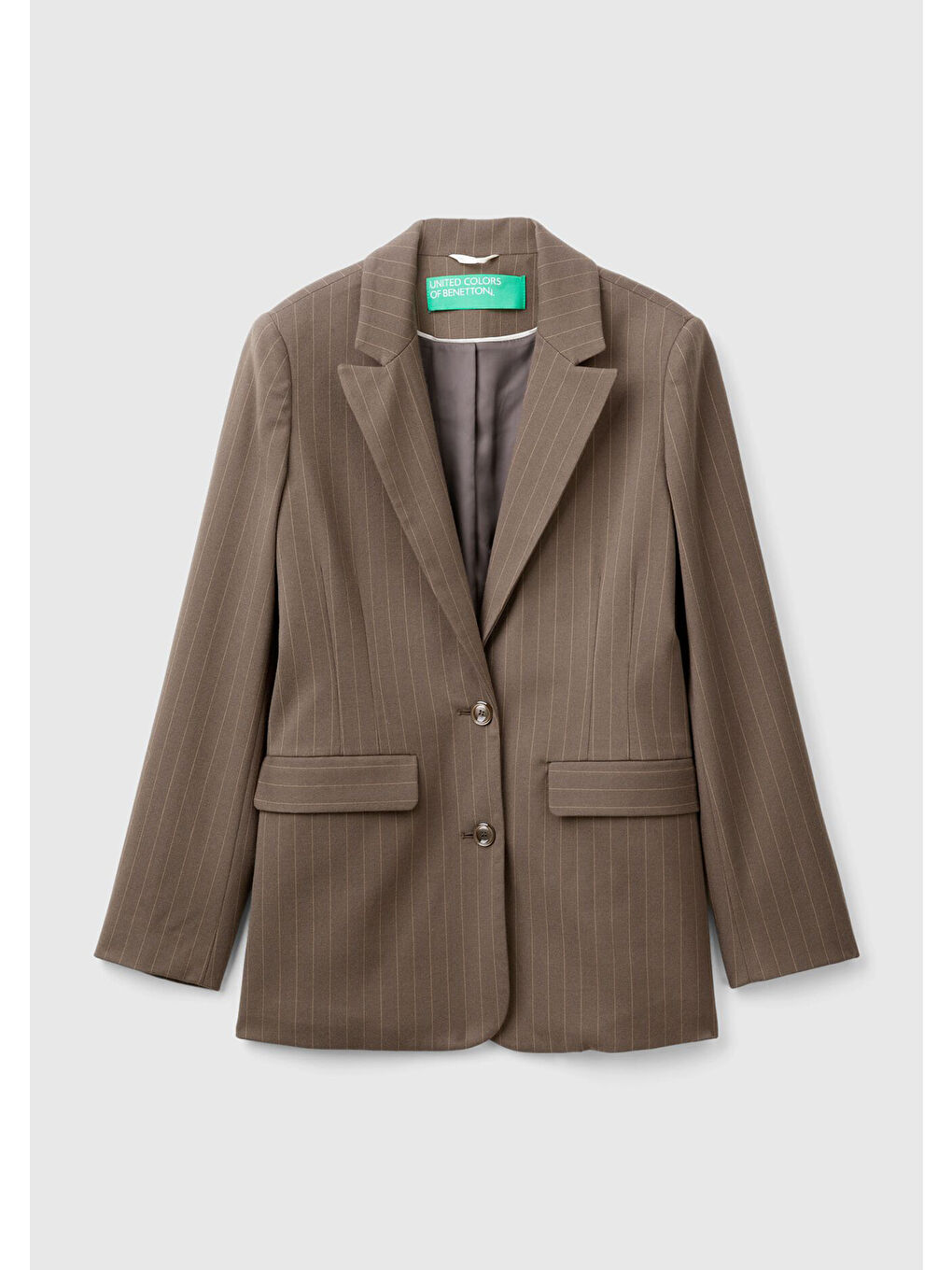 Kahverengi Kadın Taba Viskoz Karışımlı Düğme Kapamalı Çizgili Sivri Yaka Blazer Ceket-2