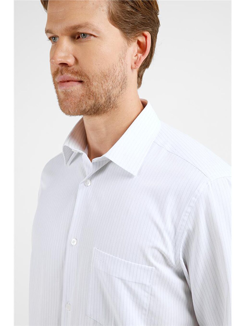 Beyaz - Lila Çizgili Desen Sert Yaka Uzun Kol Cepli Comfort Fit Pamuklu Gömlek 1004255274-3