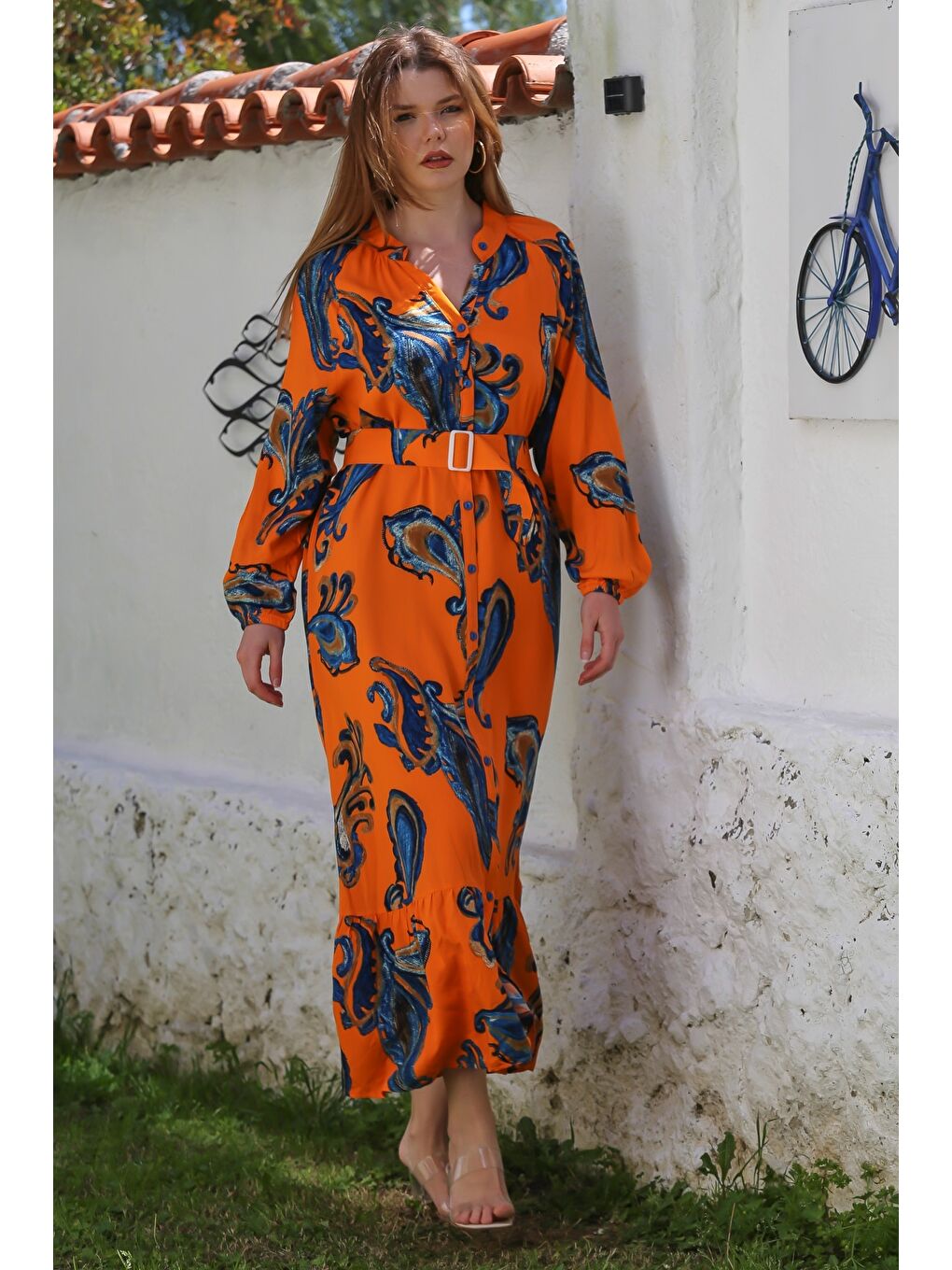Turuncu Hakim Yaka Balon Kol Şal Desenli Düğmeli Eteği Fırfırlı Kemerli Casual Dokuma Elbise 145 65-4