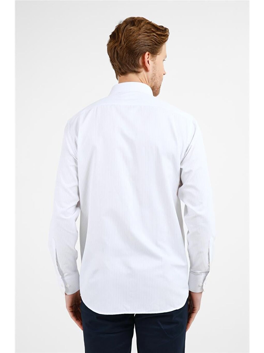 Beyaz - Lila Çizgili Desen Sert Yaka Uzun Kol Cepli Comfort Fit Pamuklu Gömlek 1004255274-4