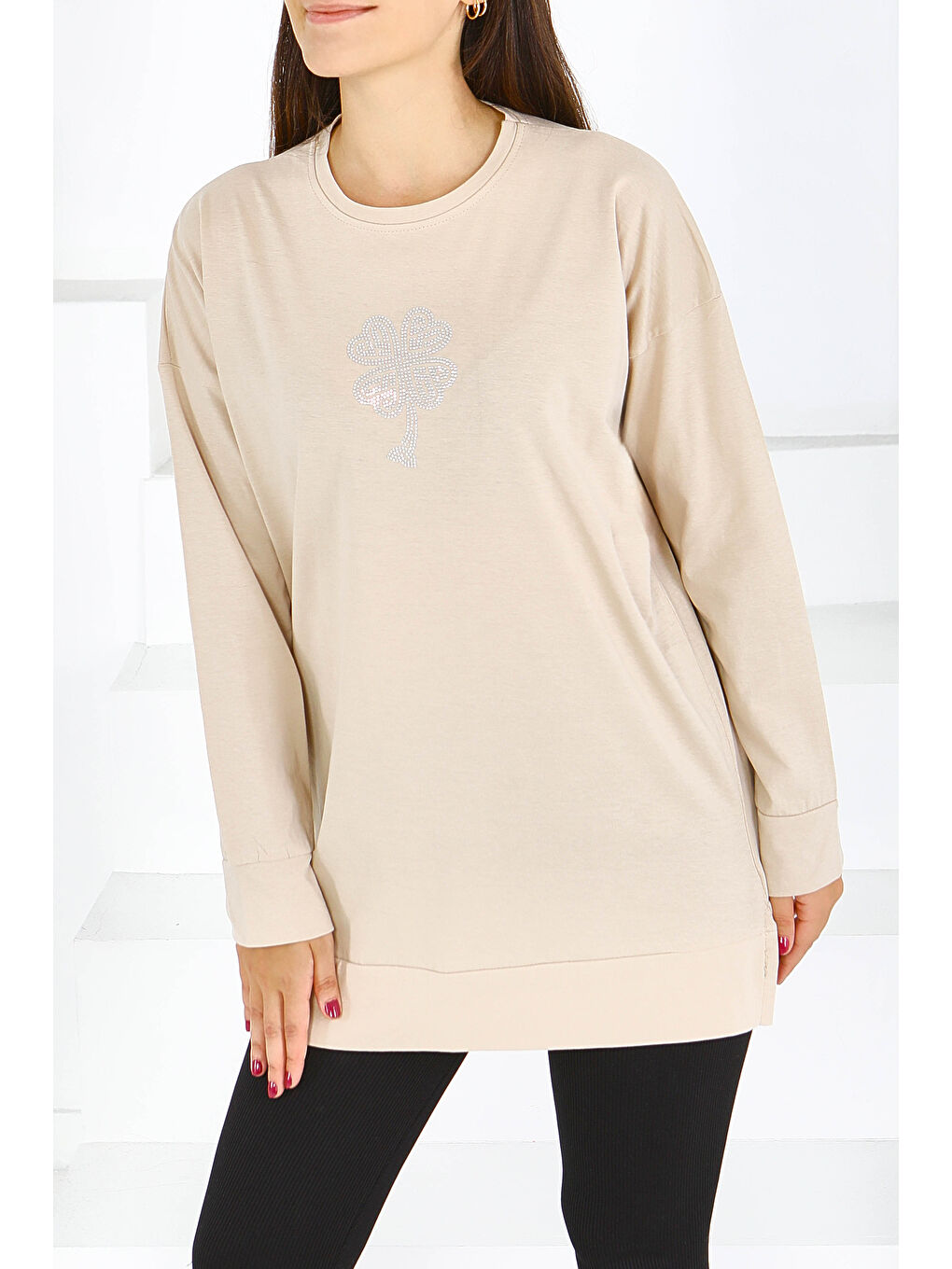 Uzun Kollu Taşlı Süprem Tunik Bej - 27582